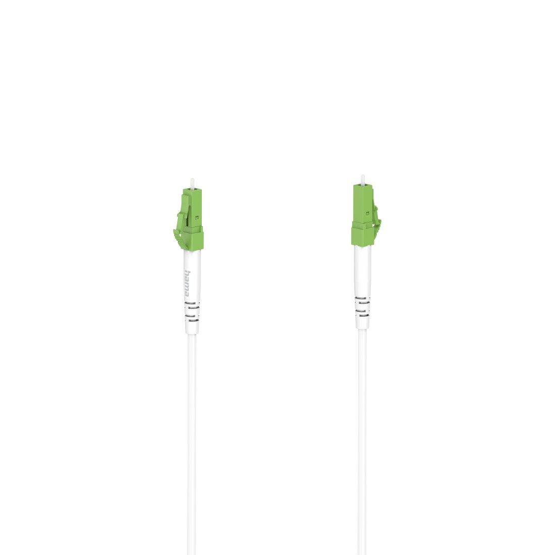 Zwei weiße Kabel mit grünen Steckern auf weißem Hintergrund.