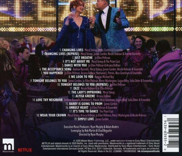 A 'The Prom' filmzene album borítója, szereplőkkel és számlista részletekkel.