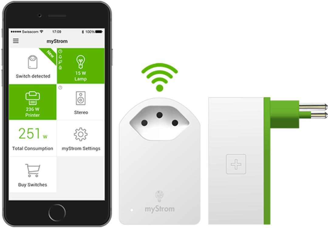 Ein Smartphone mit einer App, einem Smart Plug und einem Steckdosenadapter mit grünem Stecker.