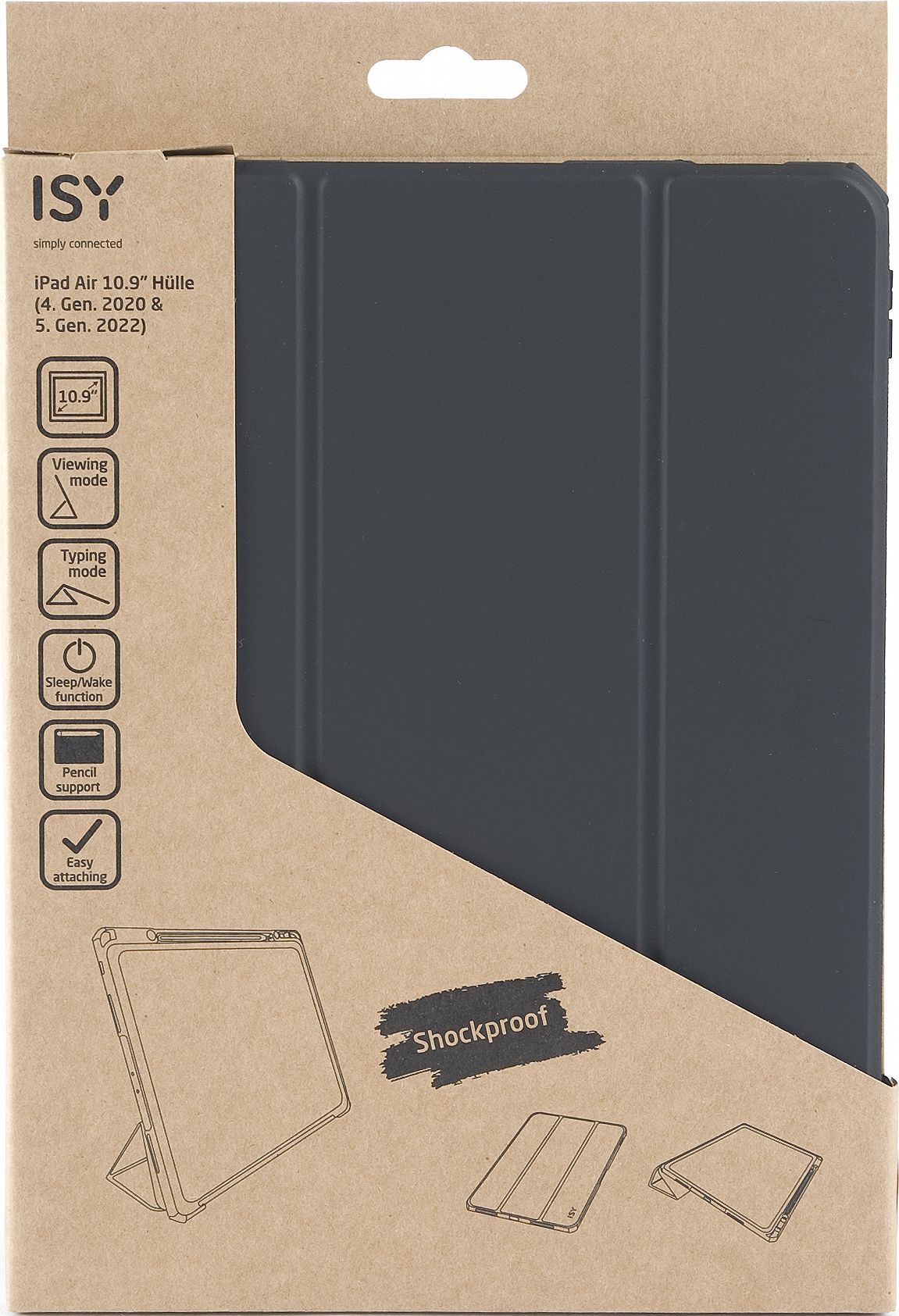 Eine iPad Air Hülle in einer Pappverpackung. Die Hülle ist dunkelgrau und zusammengeklappt, eine Box mit Text.