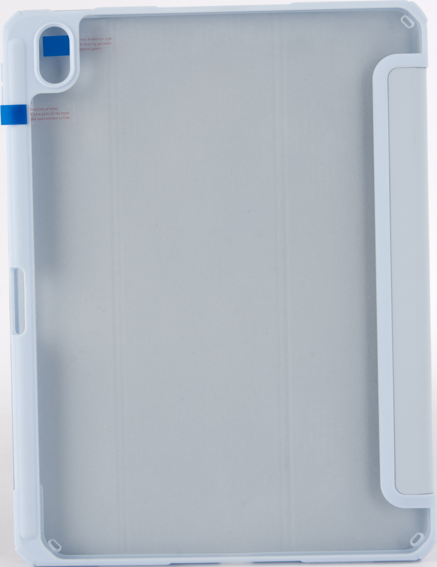 Hellblaue Tablet-Hülle offen. Innen hellblau mit blauem Streifen an der Seite.