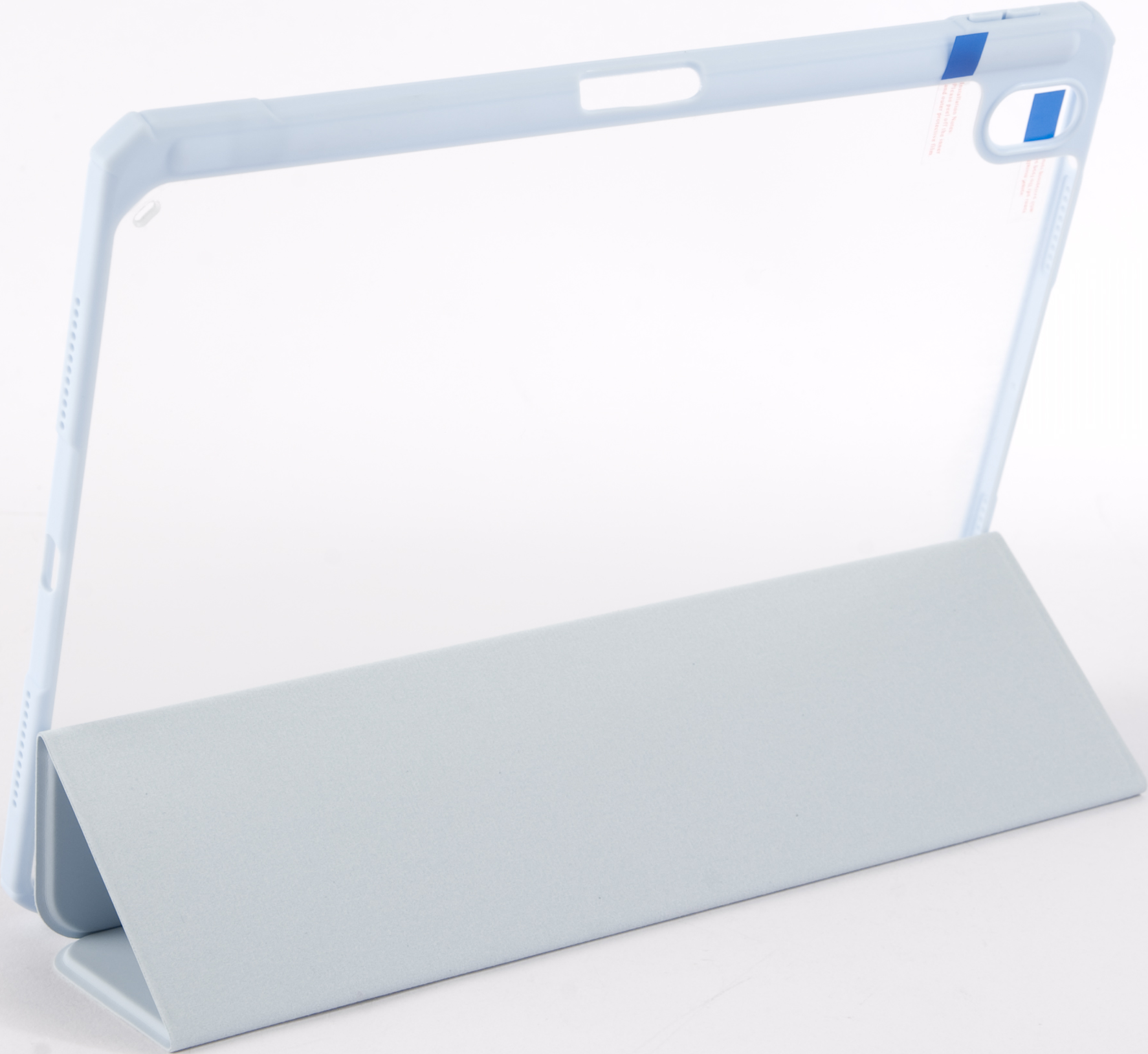 Blaue Tablet-Hülle, geöffnet, um den Bildschirm eines Tablets anzuzeigen. Weißer Hintergrund.