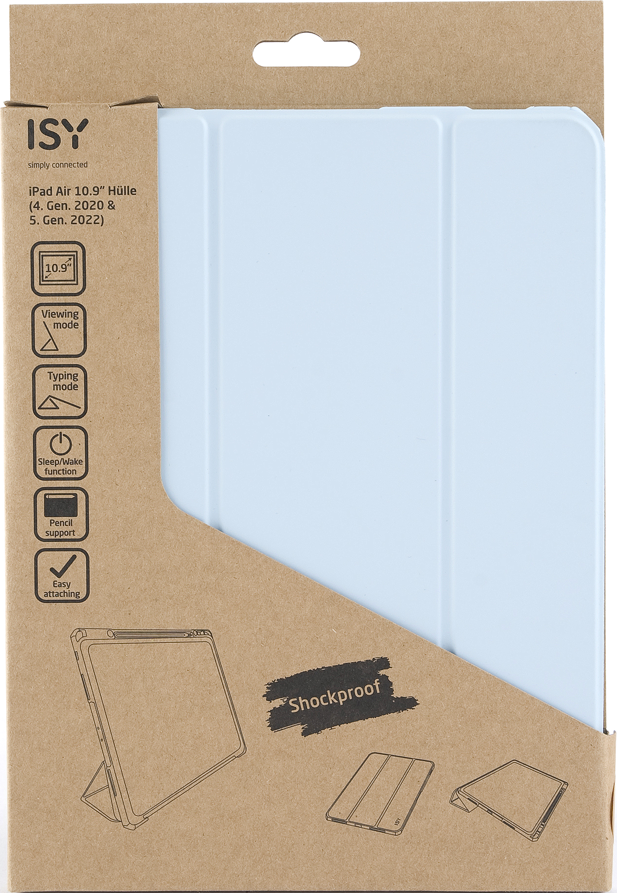 iPad Air 10.9" Hülle in einer Box. Hellblaue Hülle mit Text und Symbolen.