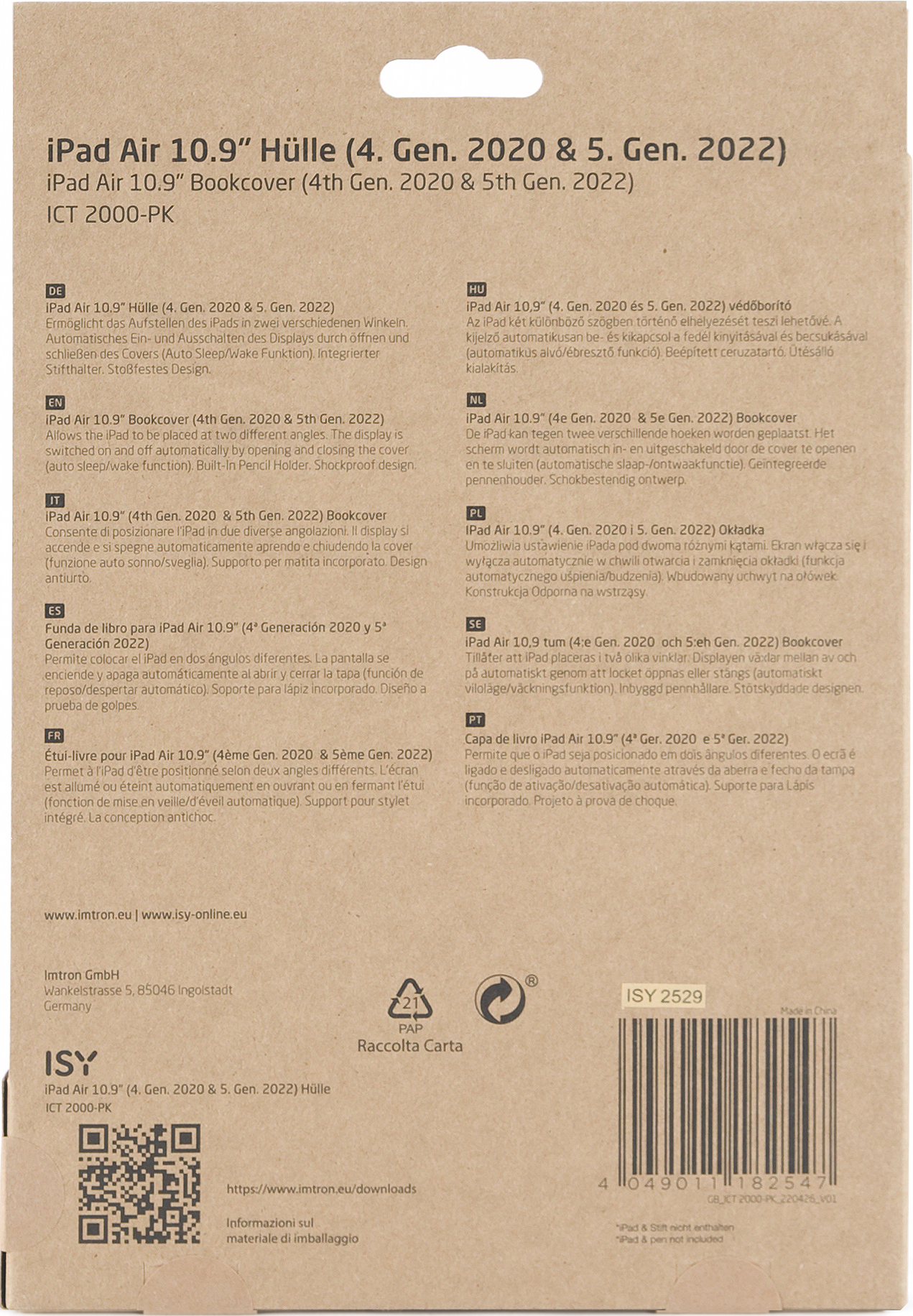 Retro della scatola della cover iPad Air 10.9". Testo multilingue descrive il prodotto e le sue caratteristiche.