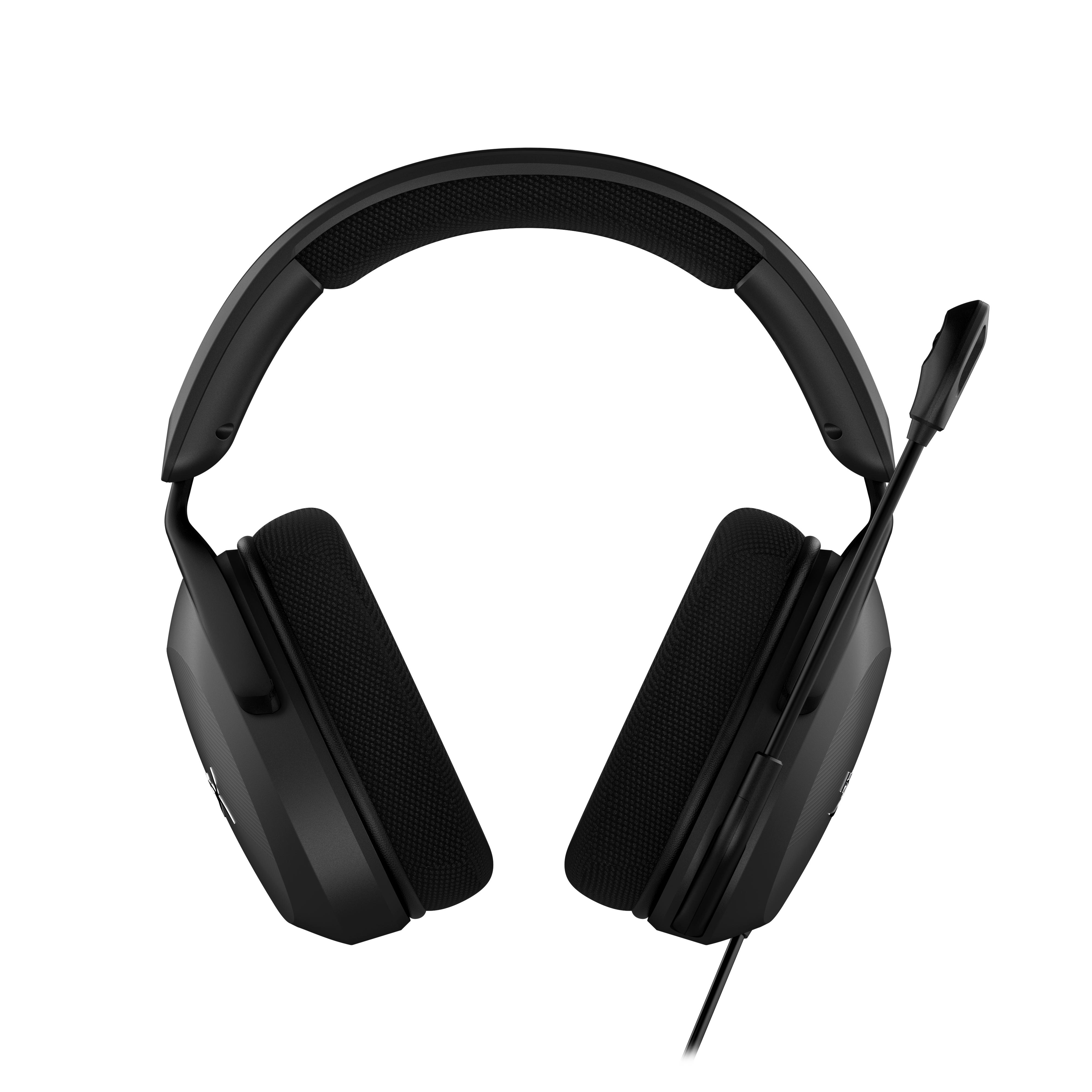 Schwarzes Gaming-Headset. Das Headset hat Ohrmuscheln, einen Kopfbügel und ein Mikrofon.