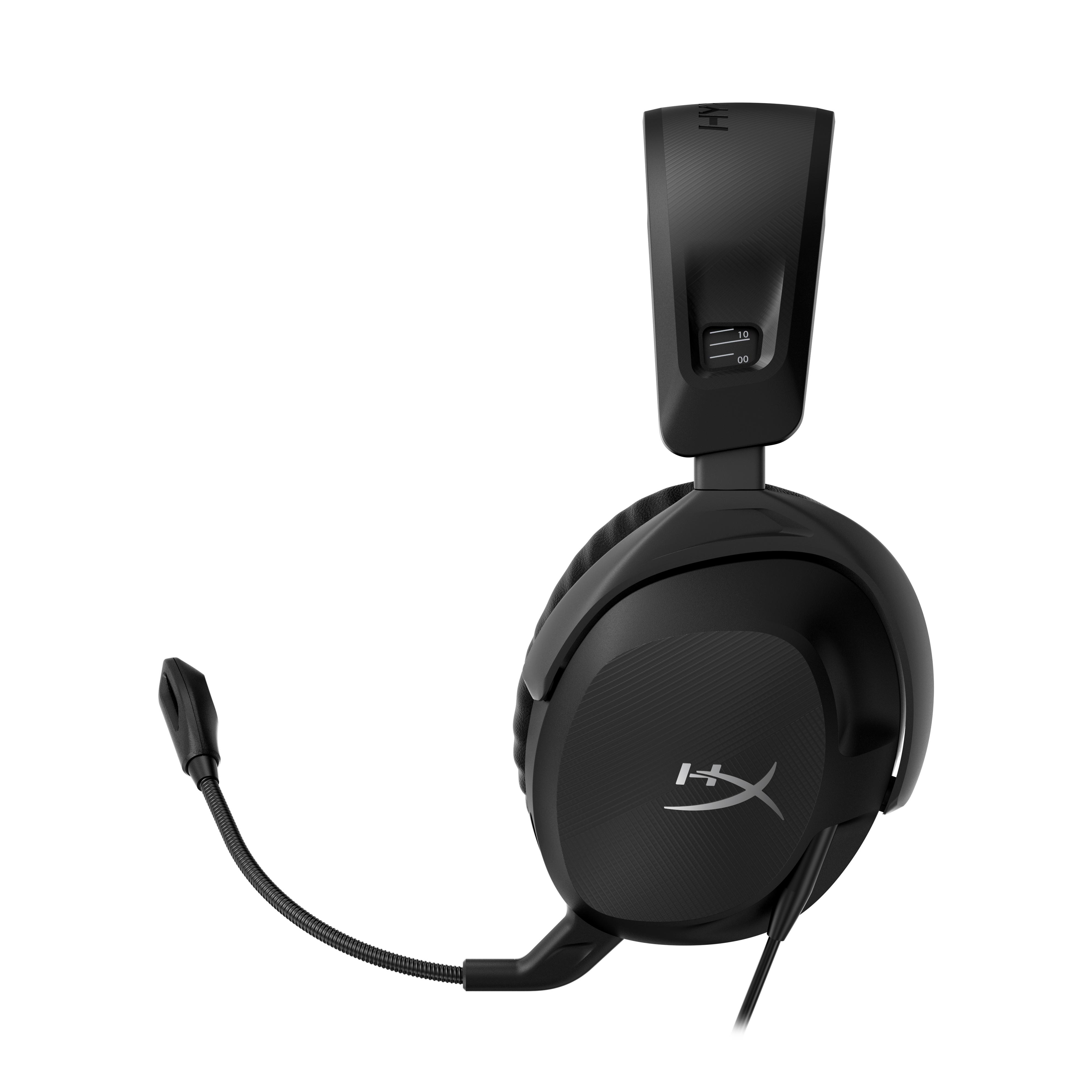 Schwarzes Gaming-Headset mit Mikrofon, freigestellt auf Weiß.