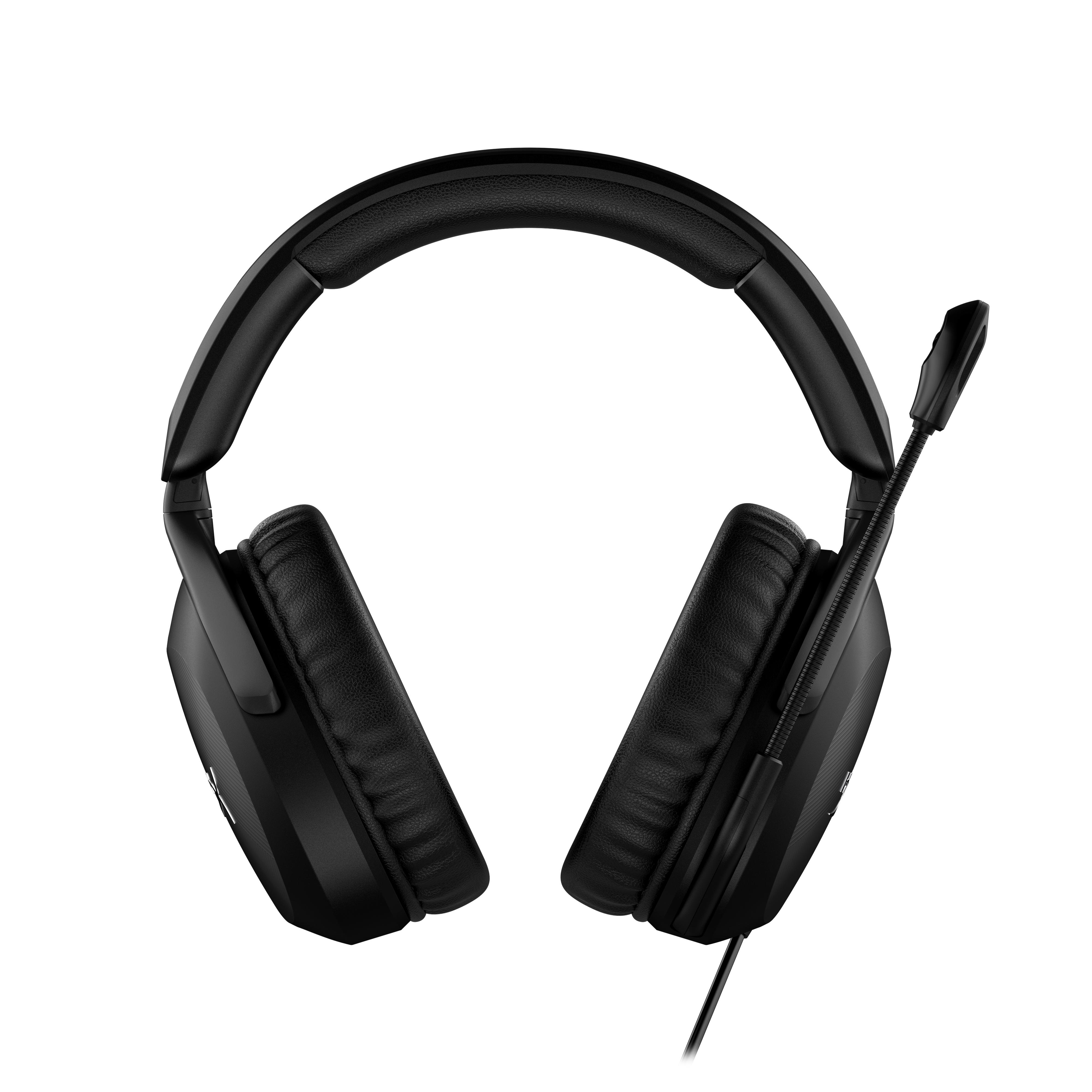 Schwarzes Headset mit Mikrofon, isoliert auf weißem Hintergrund.