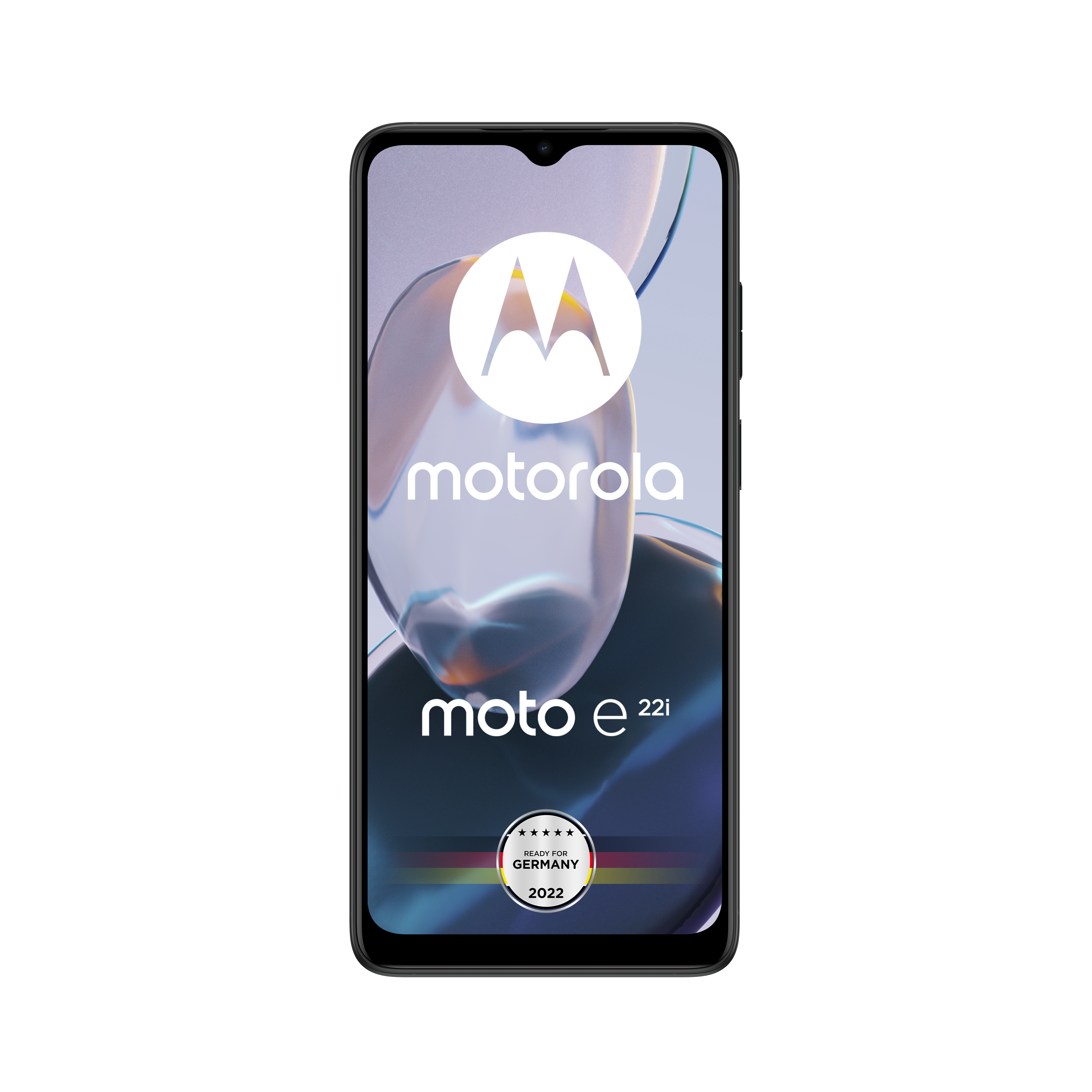 Schwarzes Motorola-Telefon mit Markenname oben und 'moto e 22i' unten.