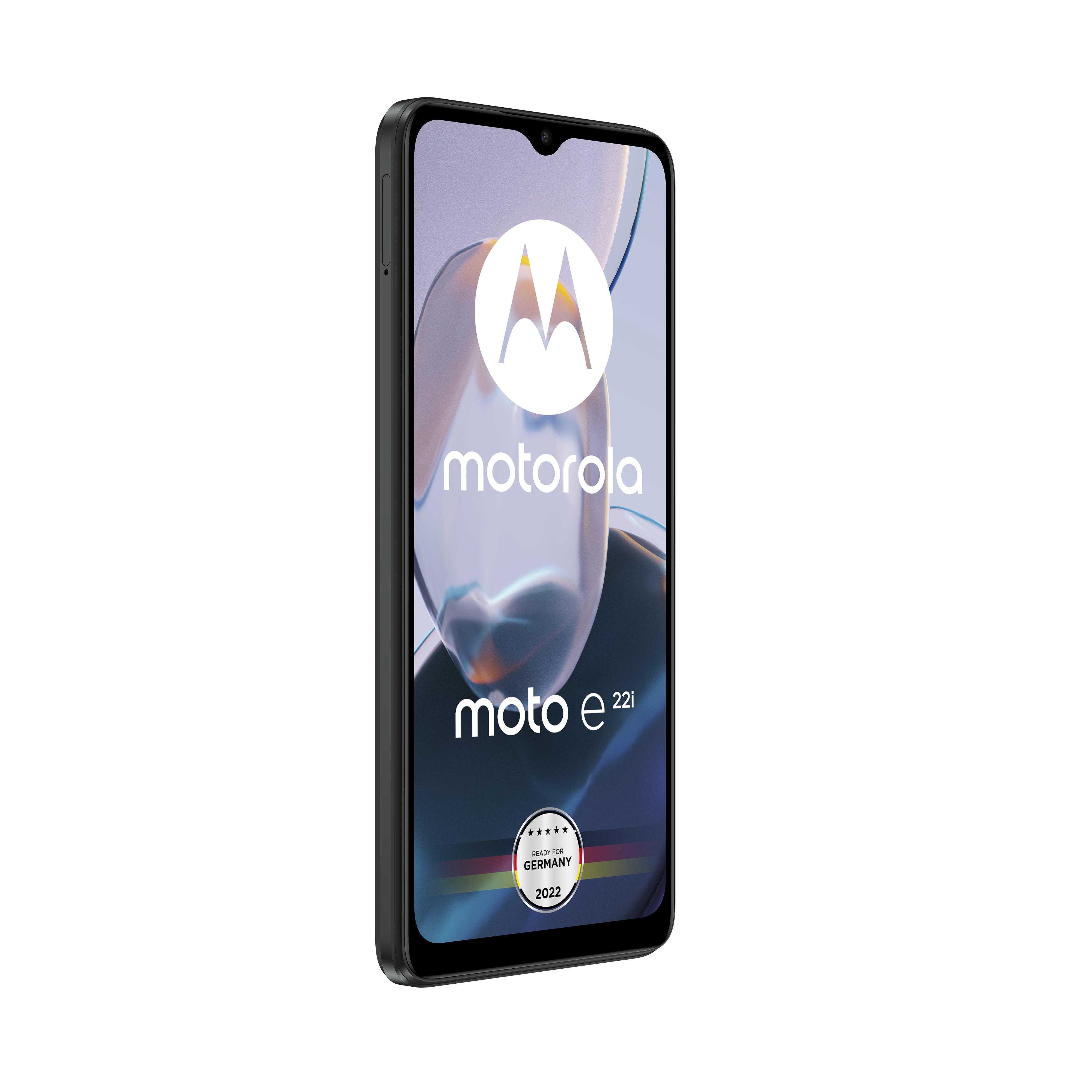 Motorola moto e22i Telefon, schwarz, mit Logo, Text und deutschem Label.