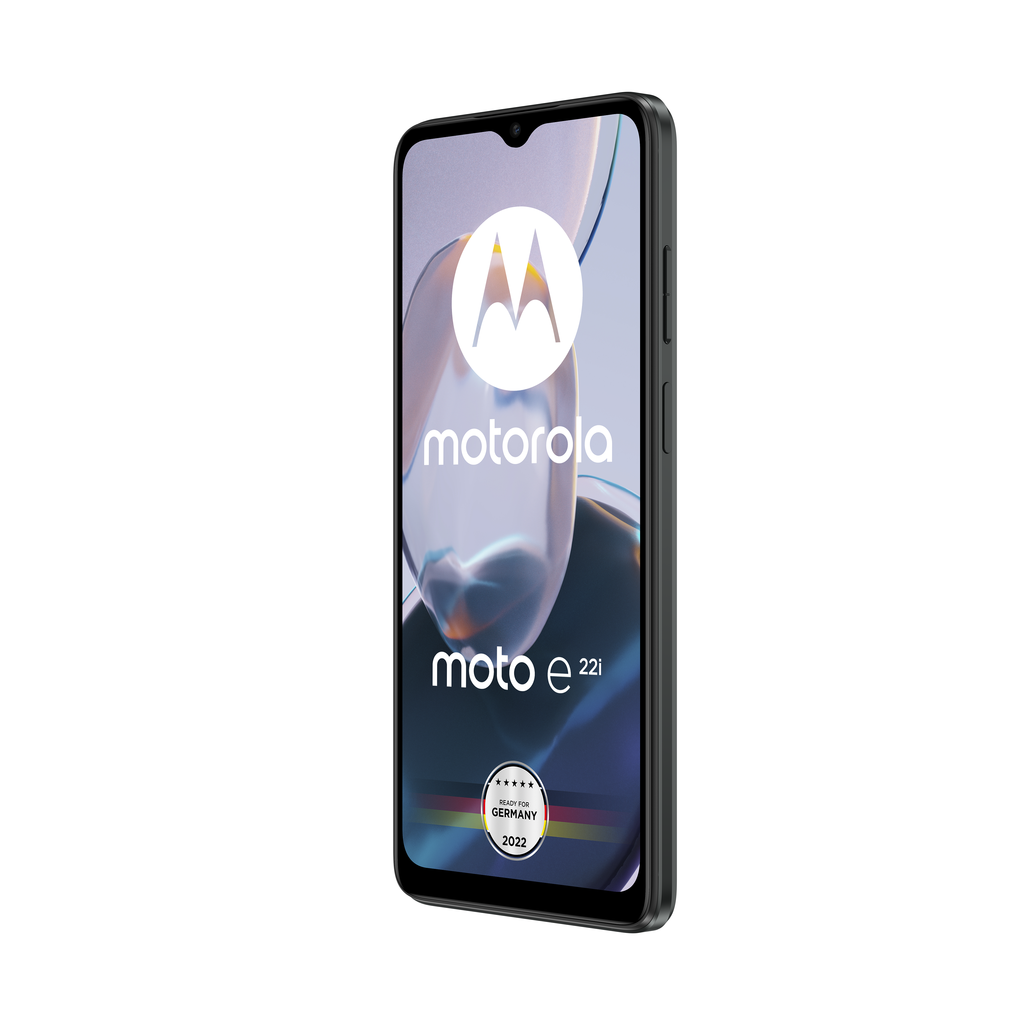 Ein schwarzes Motorola-Telefon. Der Bildschirm zeigt das Logo und Modelldetails.