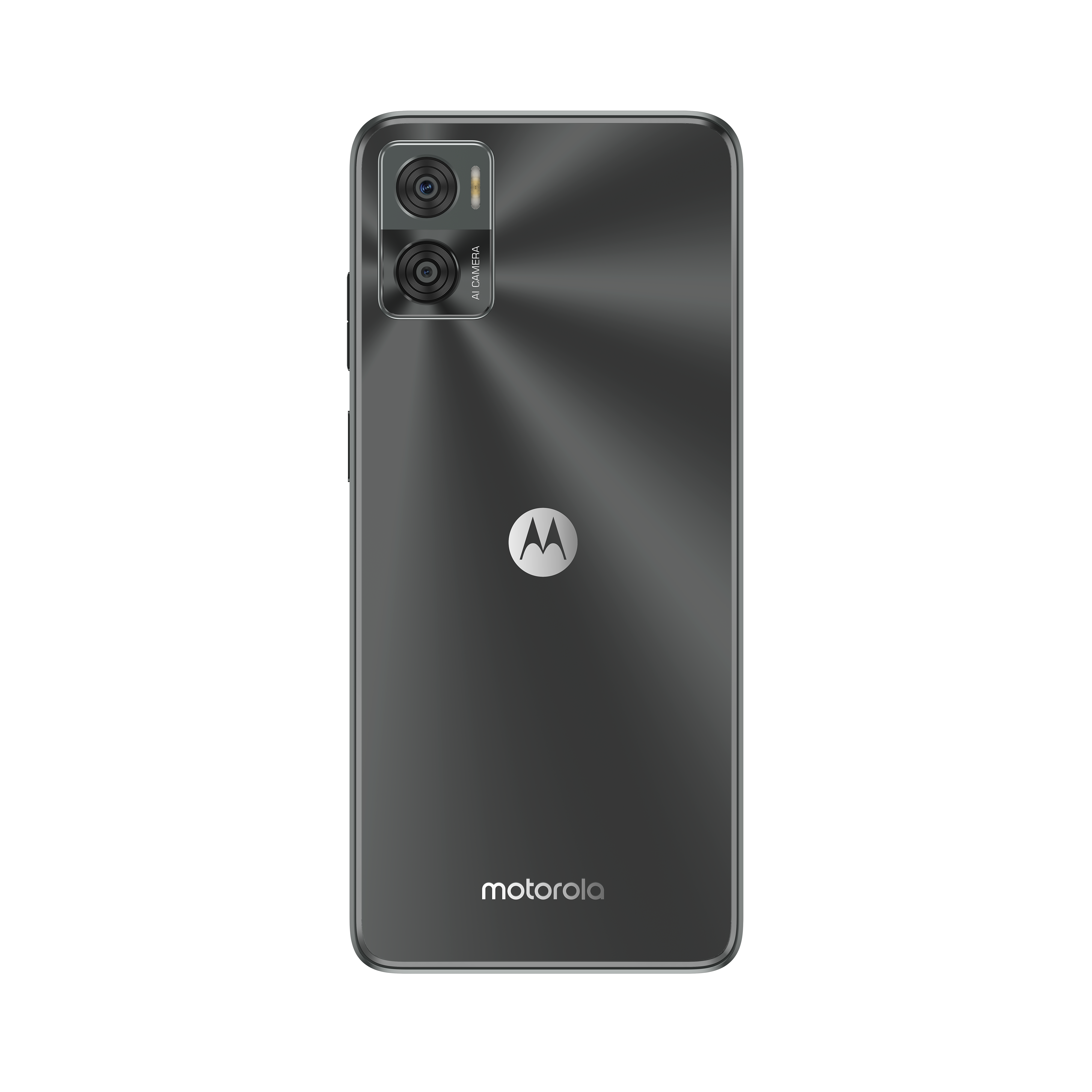Die Rückseite eines dunkelgrauen Motorola-Telefons mit Dual-Kameras und dem Logo.