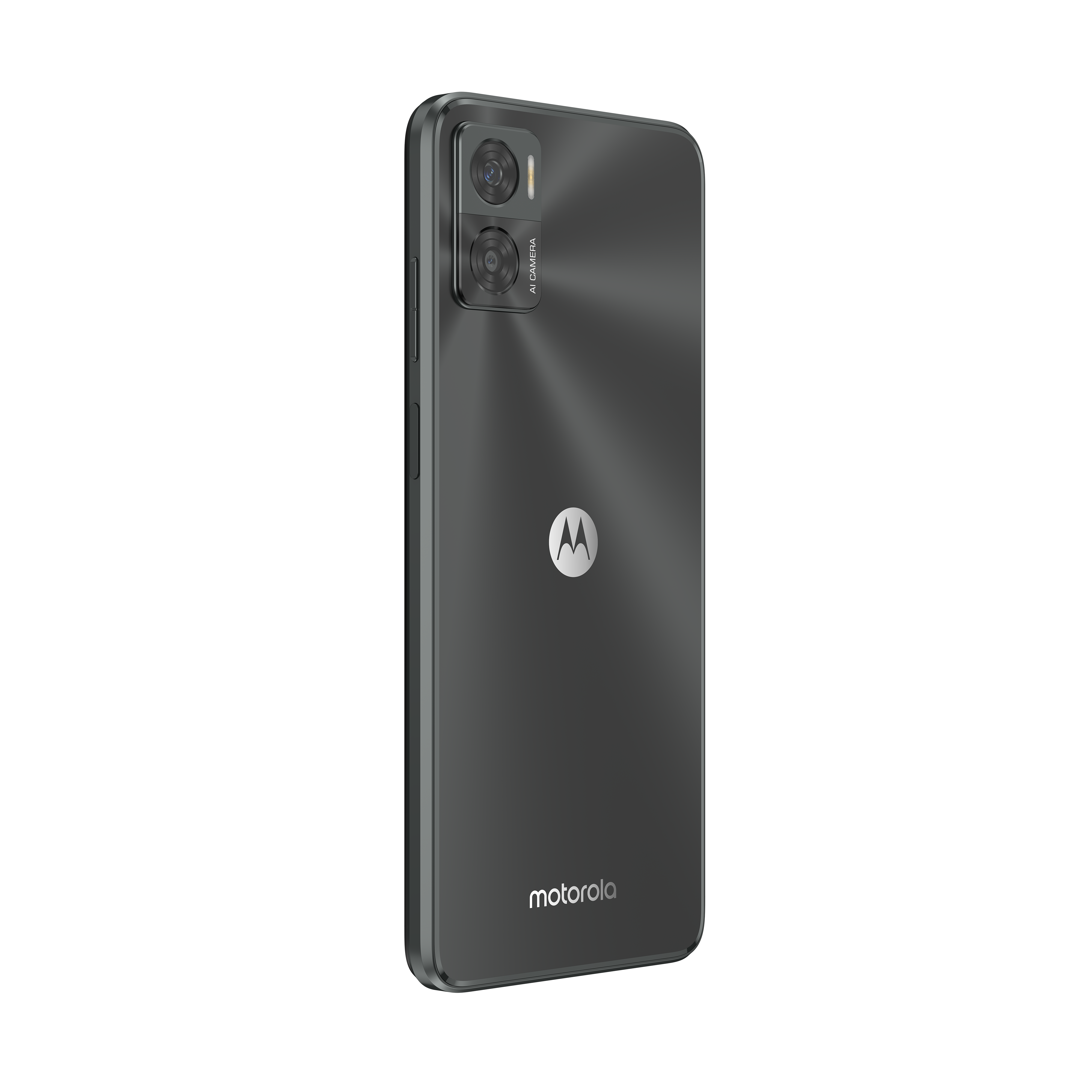 Die Rückseite eines dunkelgrauen Motorola-Telefons mit zwei Kameras und einem zentrierten Logo. Der Hintergrund ist schwarz.