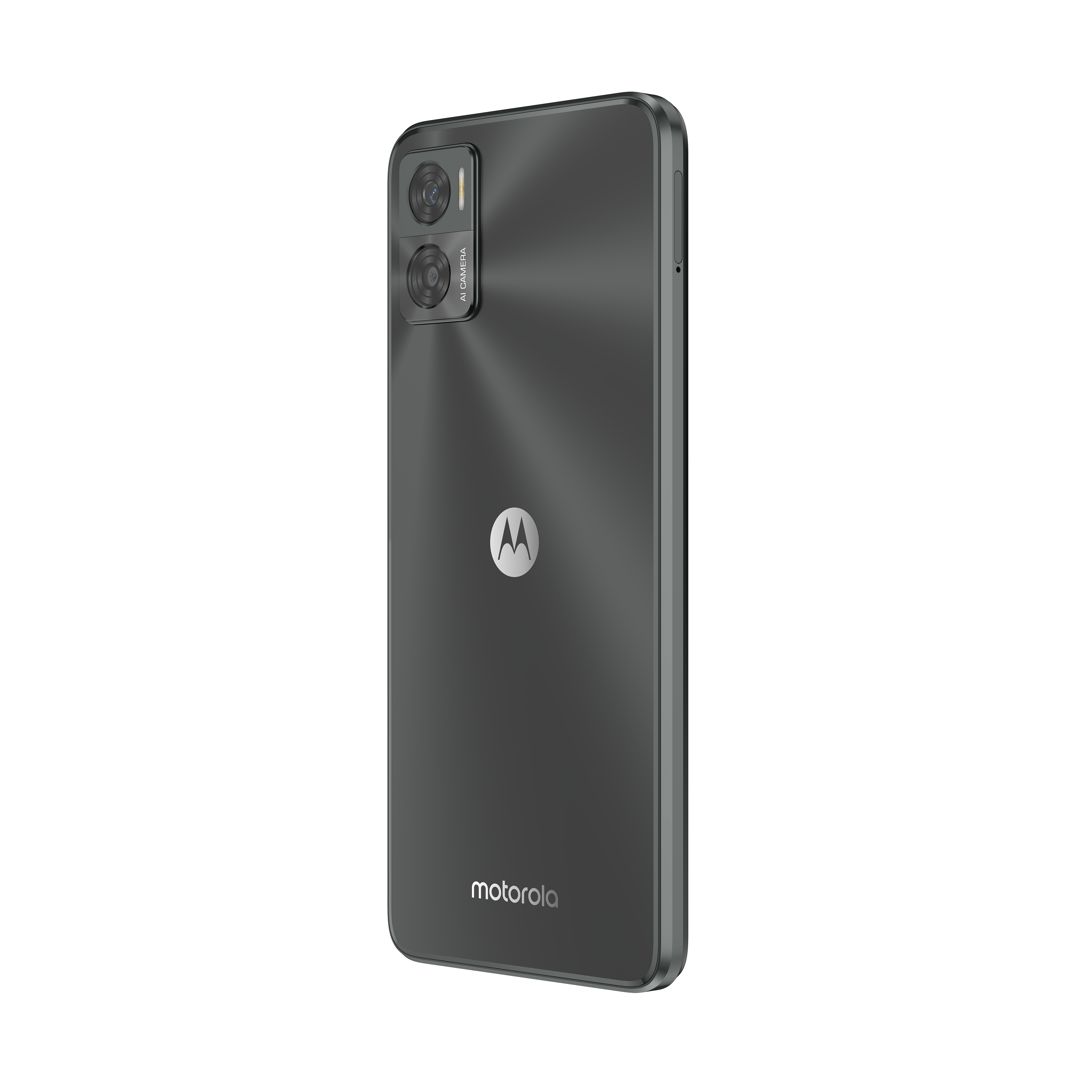 Ein dunkelgraues Motorola-Telefon. Die Rückseite hat zwei Kameras und das Motorola-Logo.