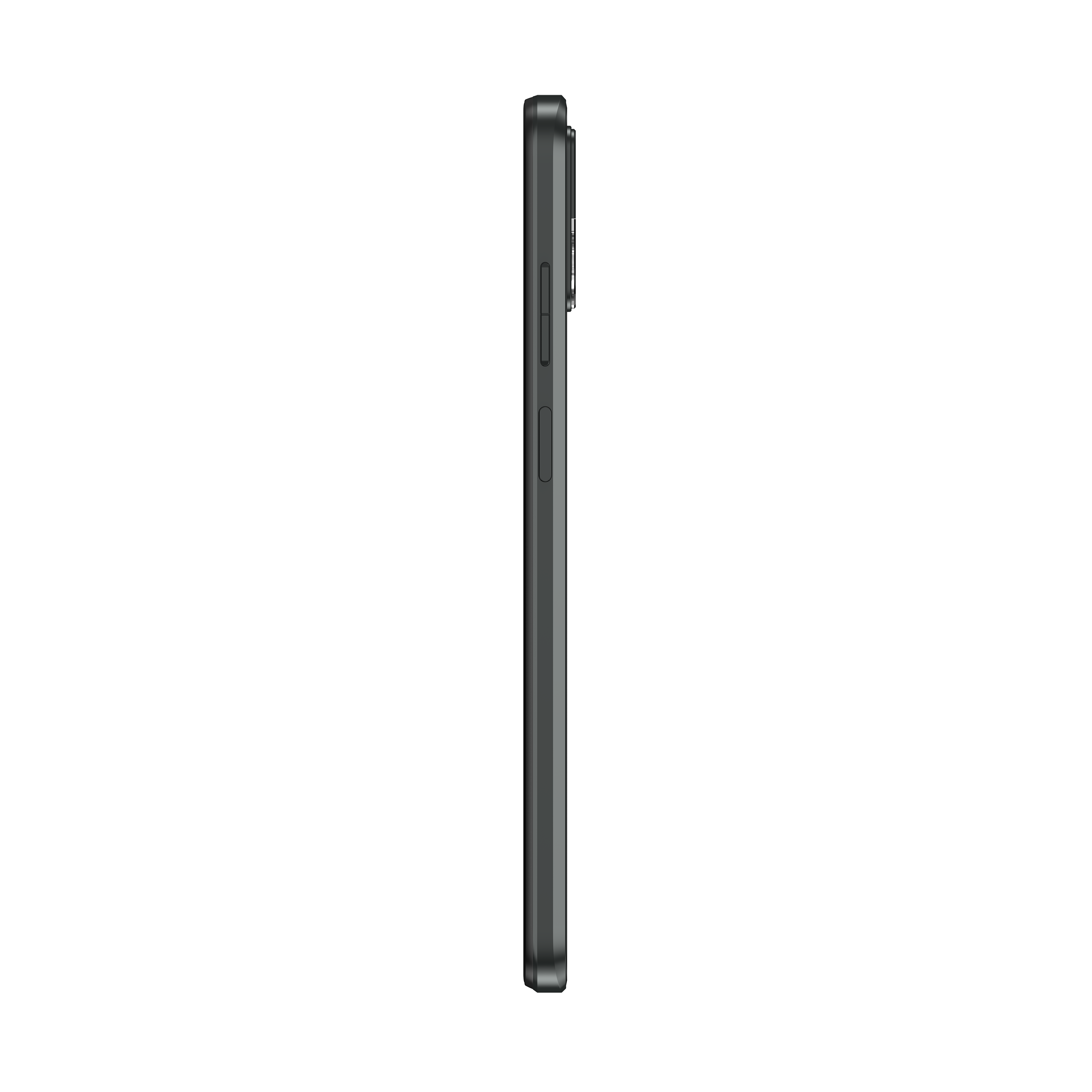 Seitenansicht eines grauen Smartphones, schwarzer Hintergrund.