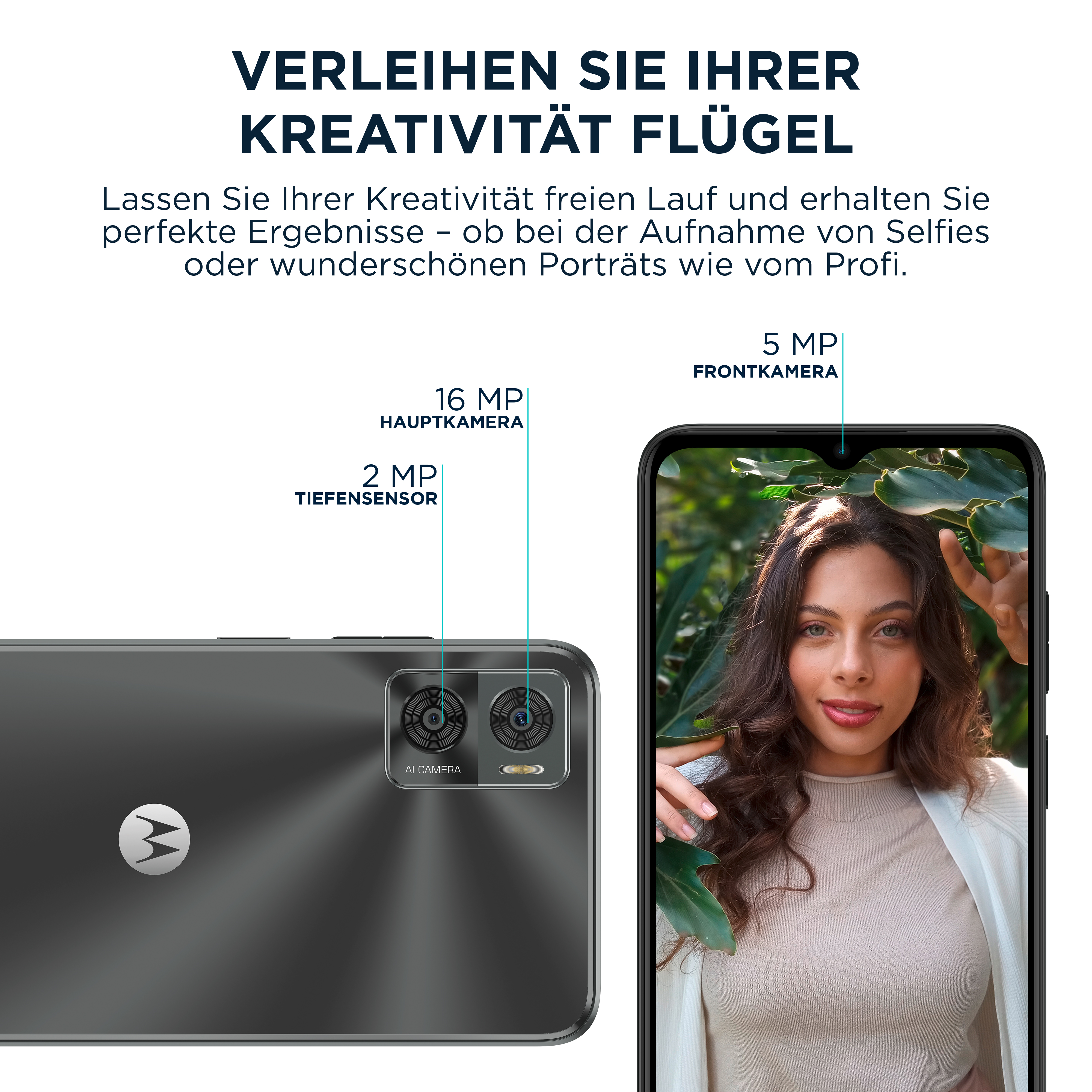 Smartphone mit Frau und Kameradetails, auf grauem Hintergrund.