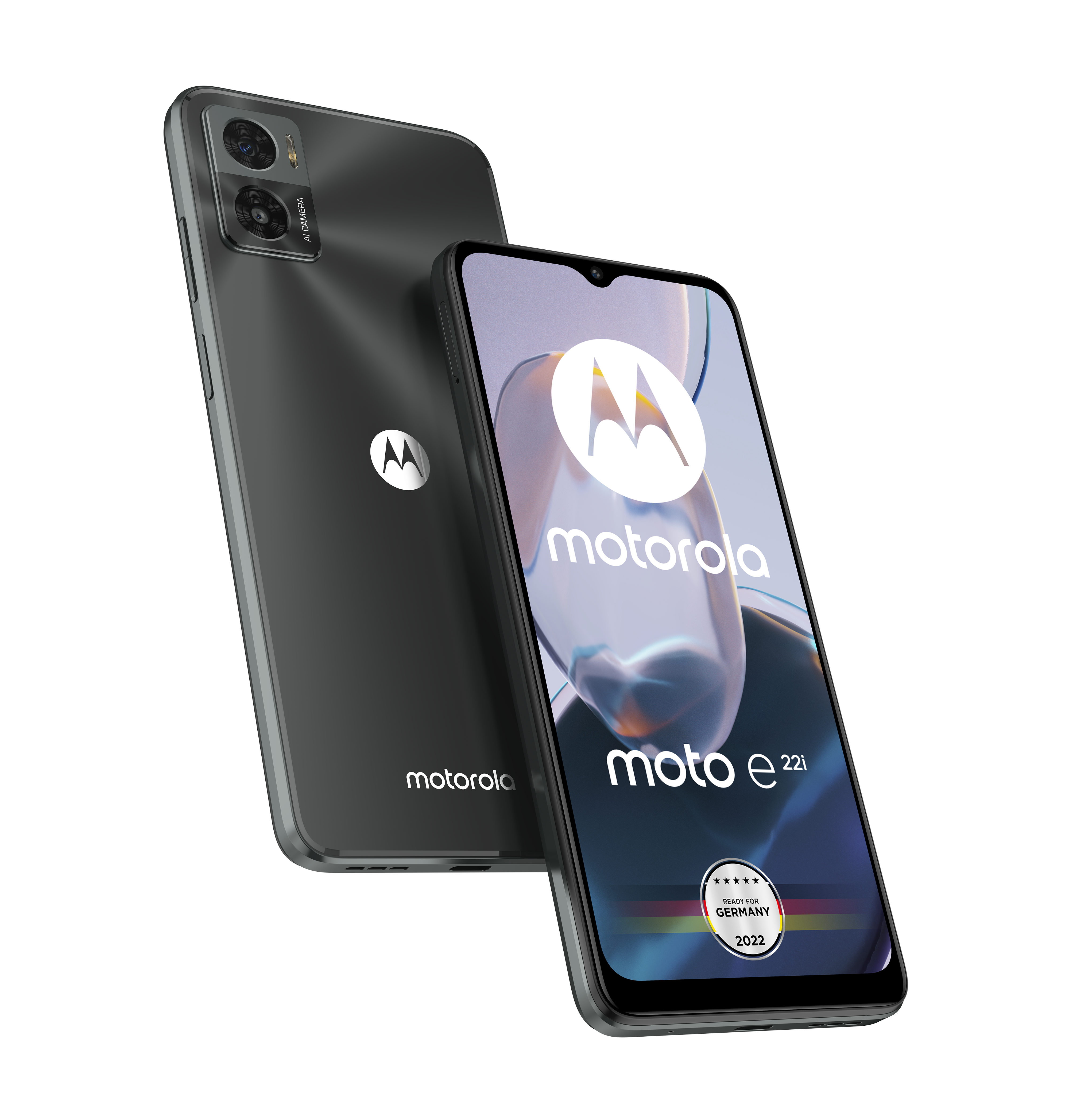 Zwei graue Motorola Moto e22i Smartphones, zeigen Rück- und Vorderseite mit eingeschaltetem Bildschirm.