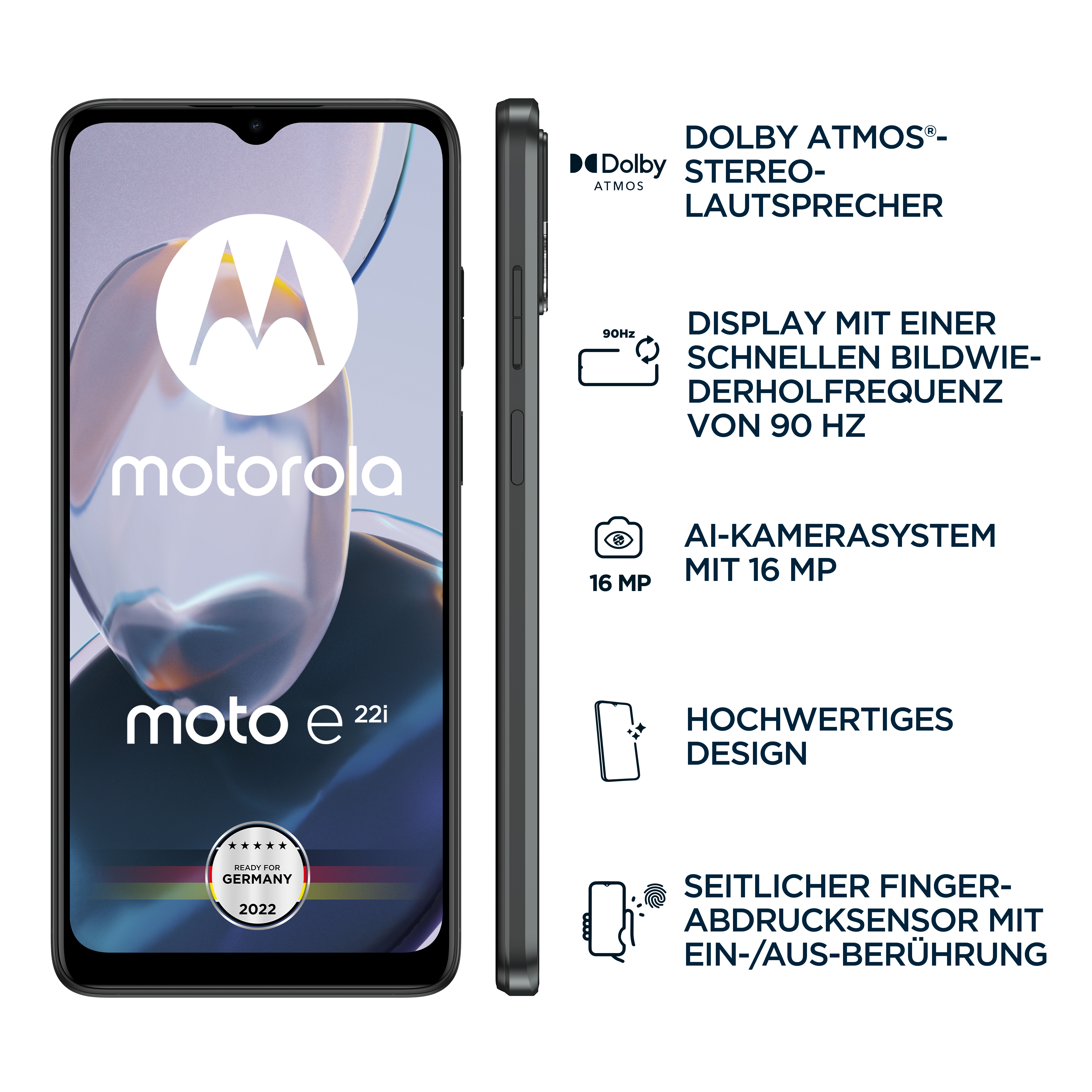 Schwarzes und grünes Motorola-Smartphone mit Text, Dolby Atmos und Seitenansicht.