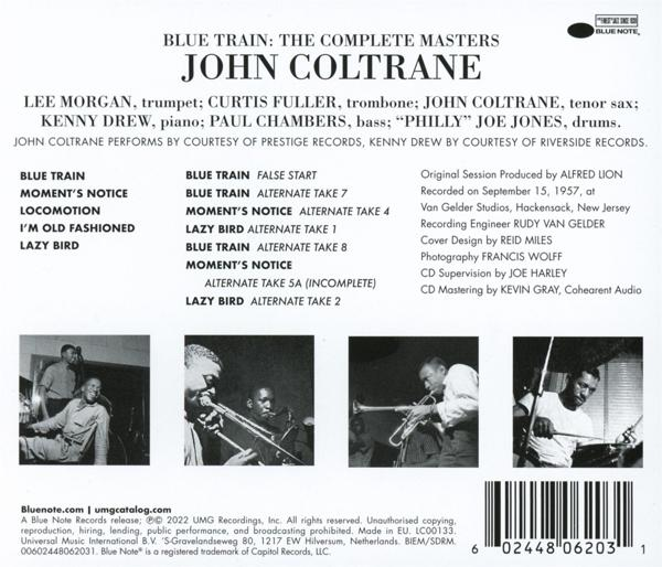 Album borító: John Coltrane 'Blue Train' számlistával és ff. fotókkal.