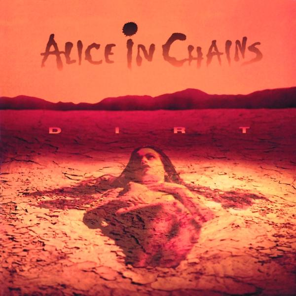 Albumcover für Alice in Chains, "Dirt". Eine Person, die in Schlamm versunken ist, orangefarbener Hintergrund.