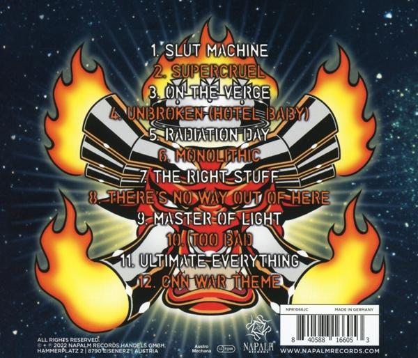 Albumcover mit Flammen, einem Schädel und Text. Der Text listet Songtitel auf.