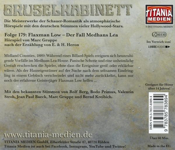 Text von einem deutschen Hörspielcover mit Text über die Episode.