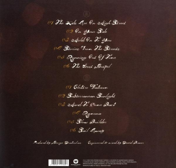 Albumrückseite mit Titelliste und Credits in Weiß auf braunem Hintergrund.