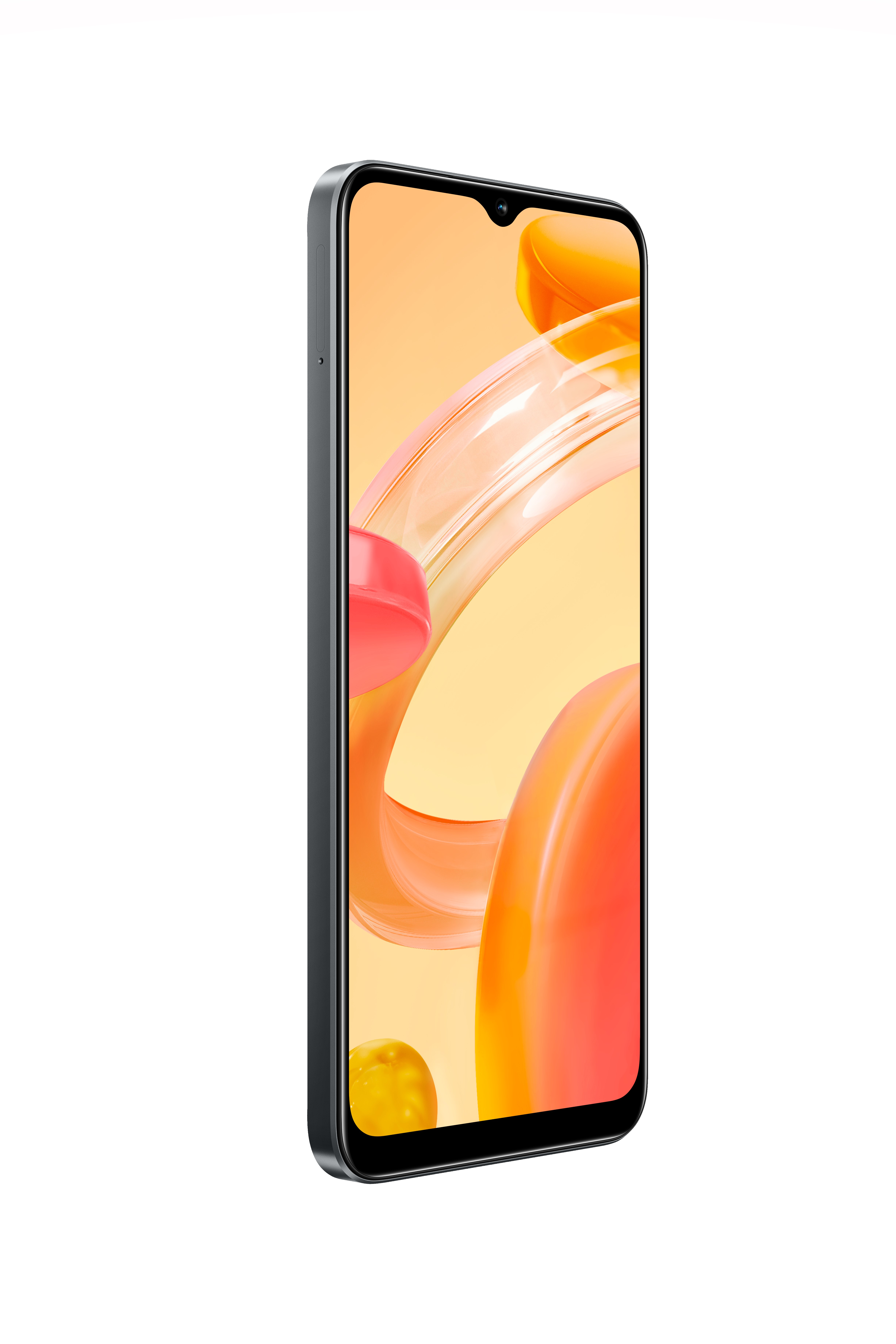 Seitenansicht des Telefons, schwarzer Rahmen, orangefarbener Hintergrund.