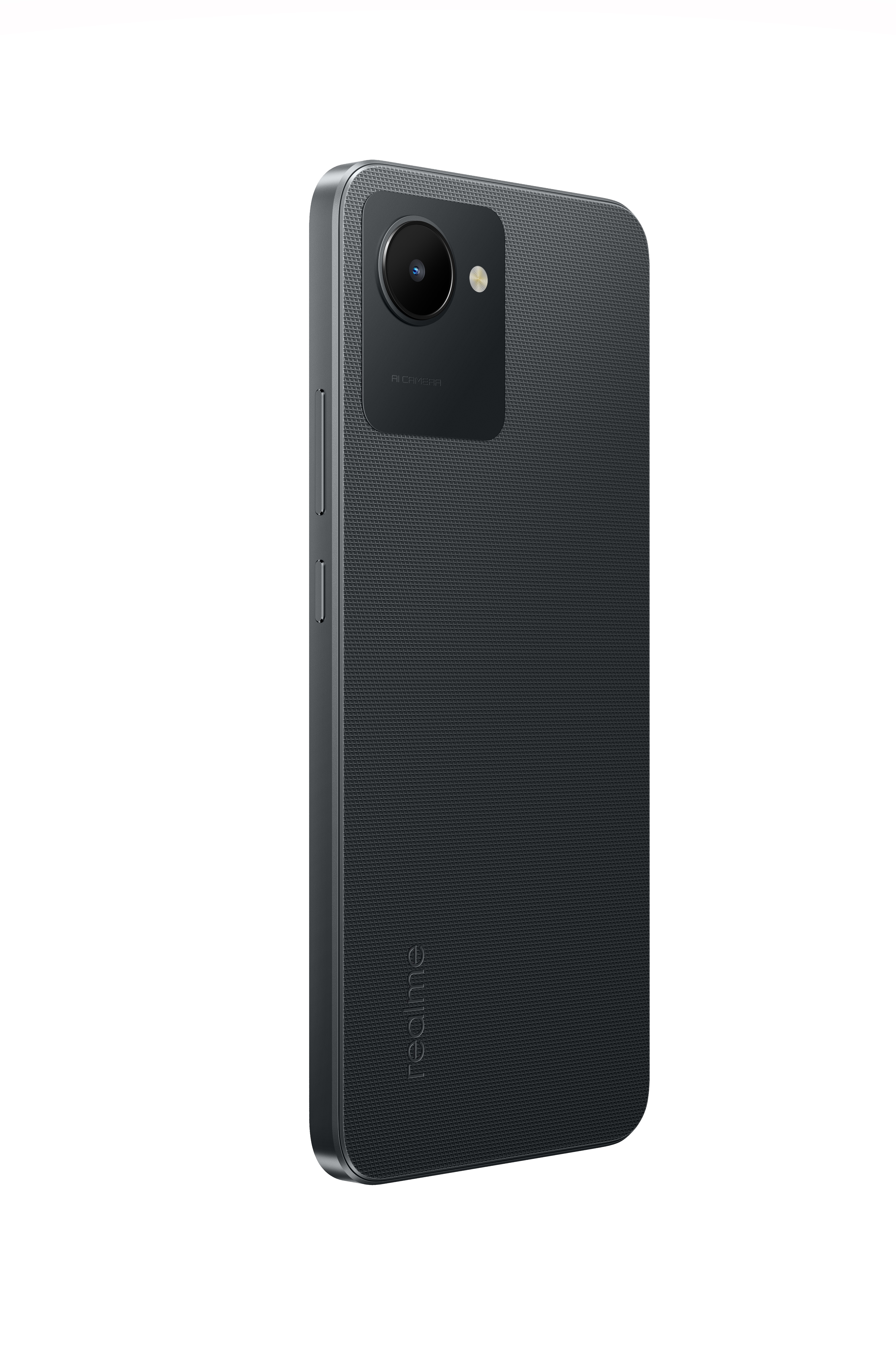 Schwarzes Smartphone, Rückansicht, mit Kamera und der Marke 'realme'.