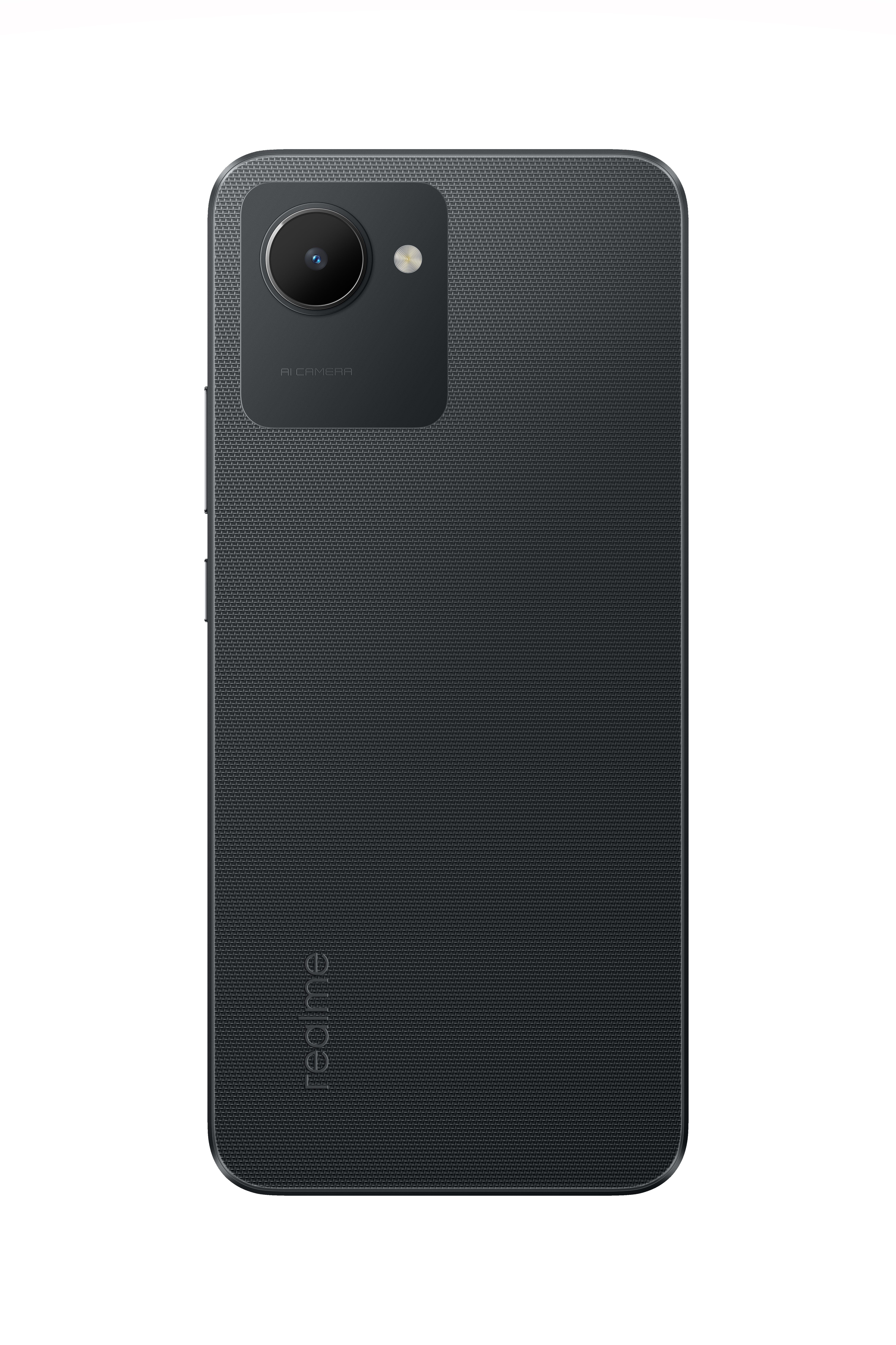Ein schwarzes Smartphone mit einer Kamera oben links und dem Realme-Logo unten.