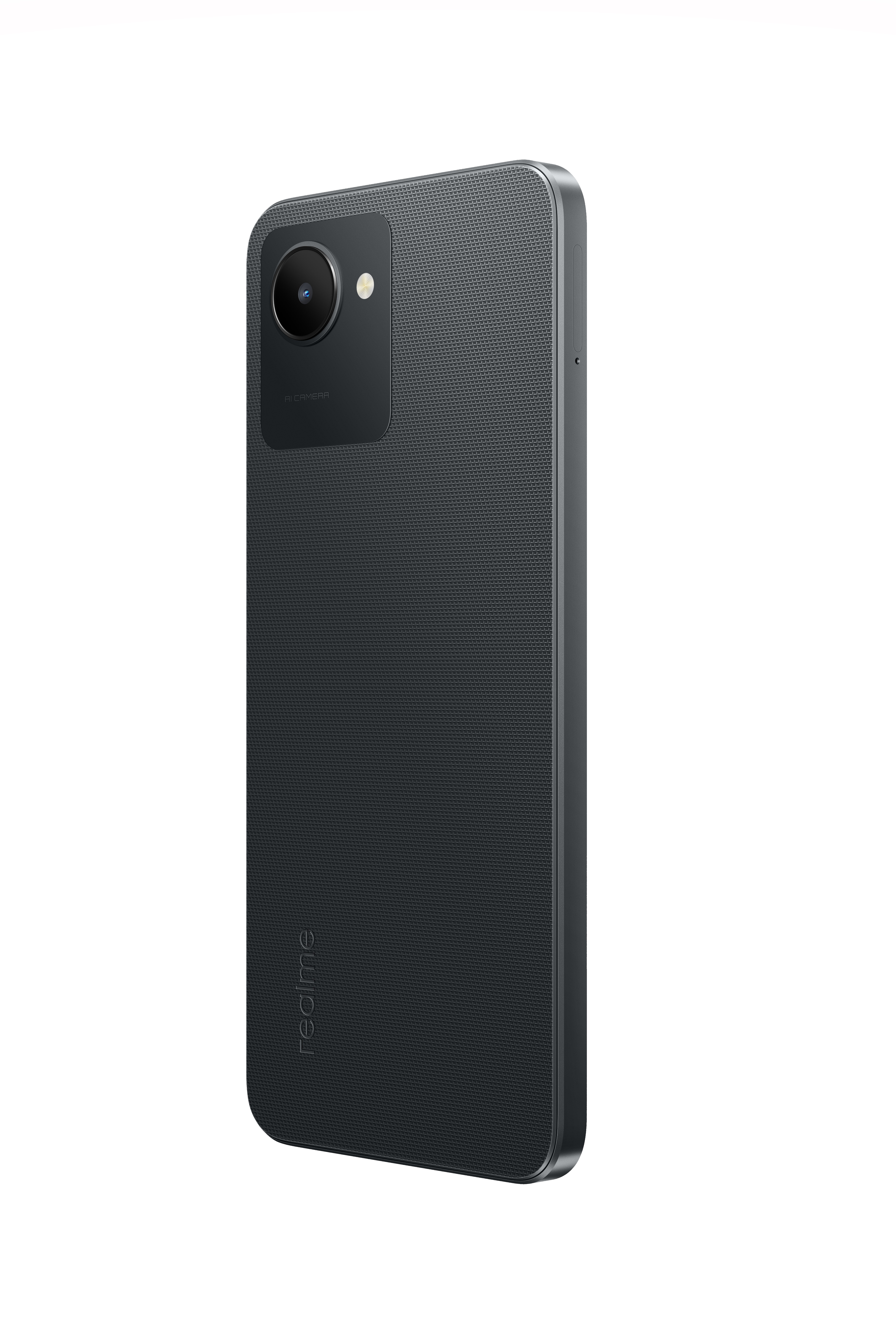 Ein schwarzes Realme-Telefon. Es hat eine einzelne Kamera und das Realme-Logo auf der Rückseite.