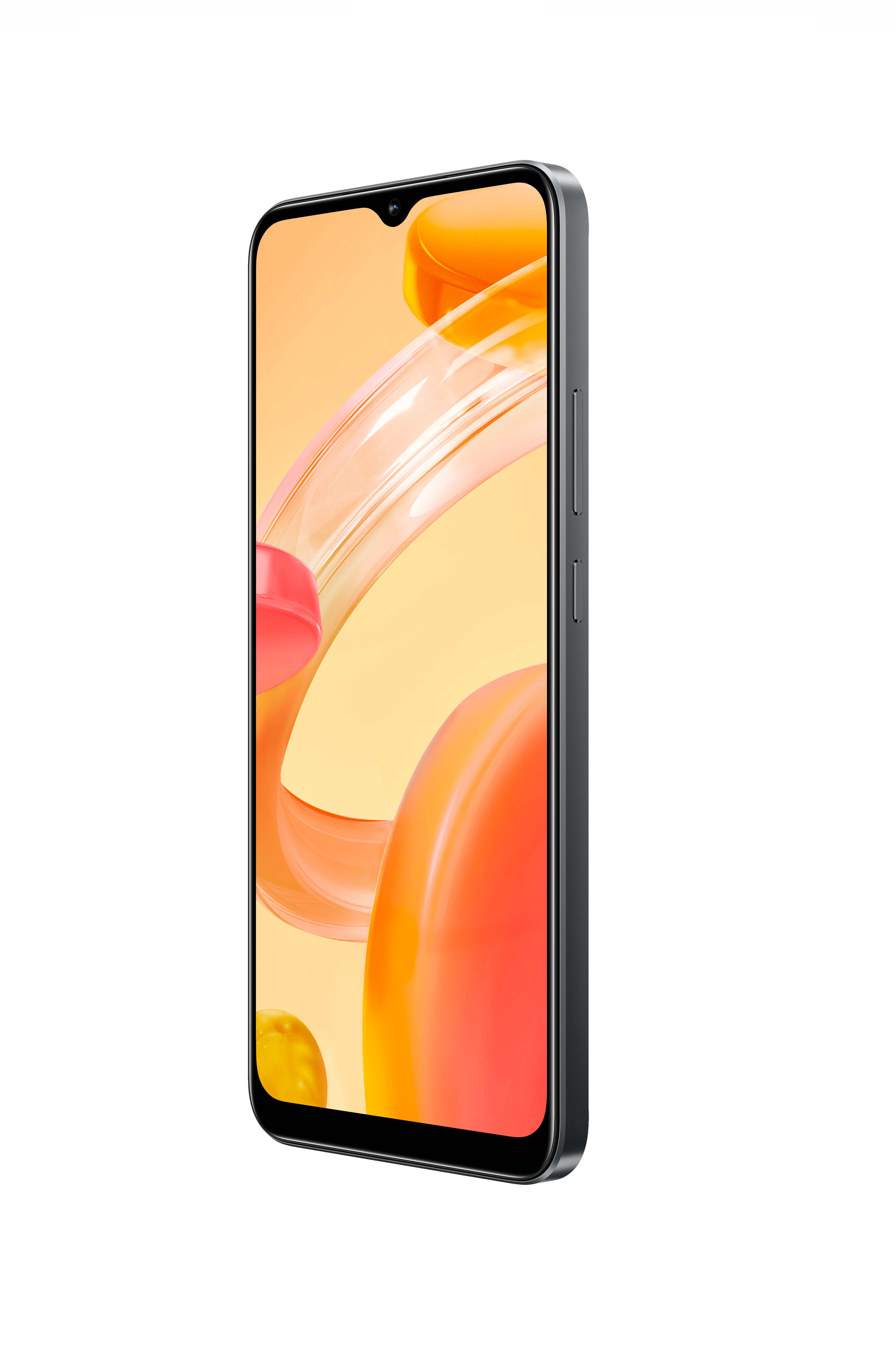 Ein Seitenprofil eines dunkelgrauen Smartphones mit einem orange-gelben Hintergrund auf dem Bildschirm.