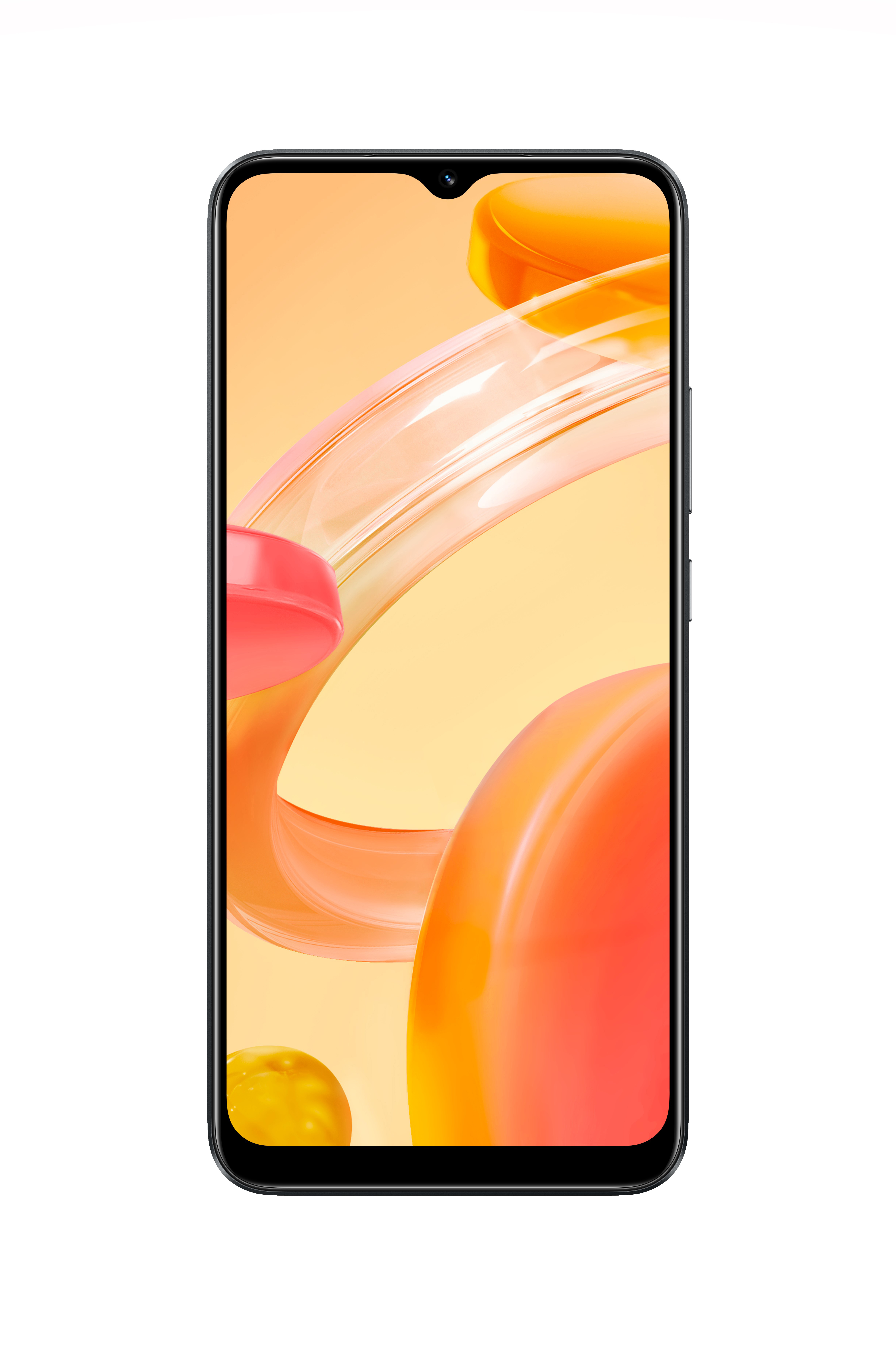 Ein schwarzes Smartphone mit hellem Display, das abstrakte orange und gelbe Formen zeigt.