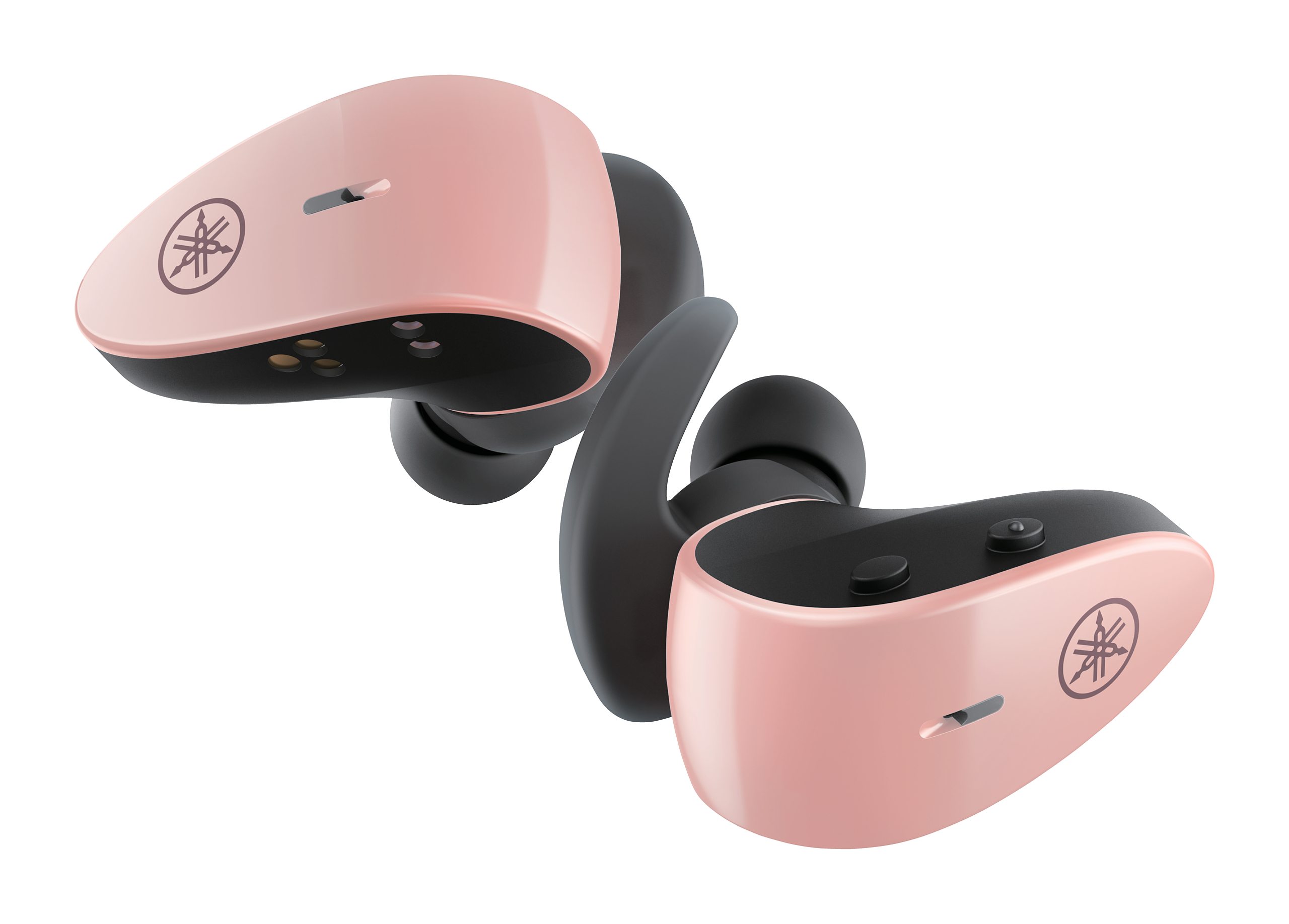Rosa und schwarze Yamaha Ohrhörer. Die Ohrhörer sind rosa mit einem schwarzen Haken, der über das Ohr geht.