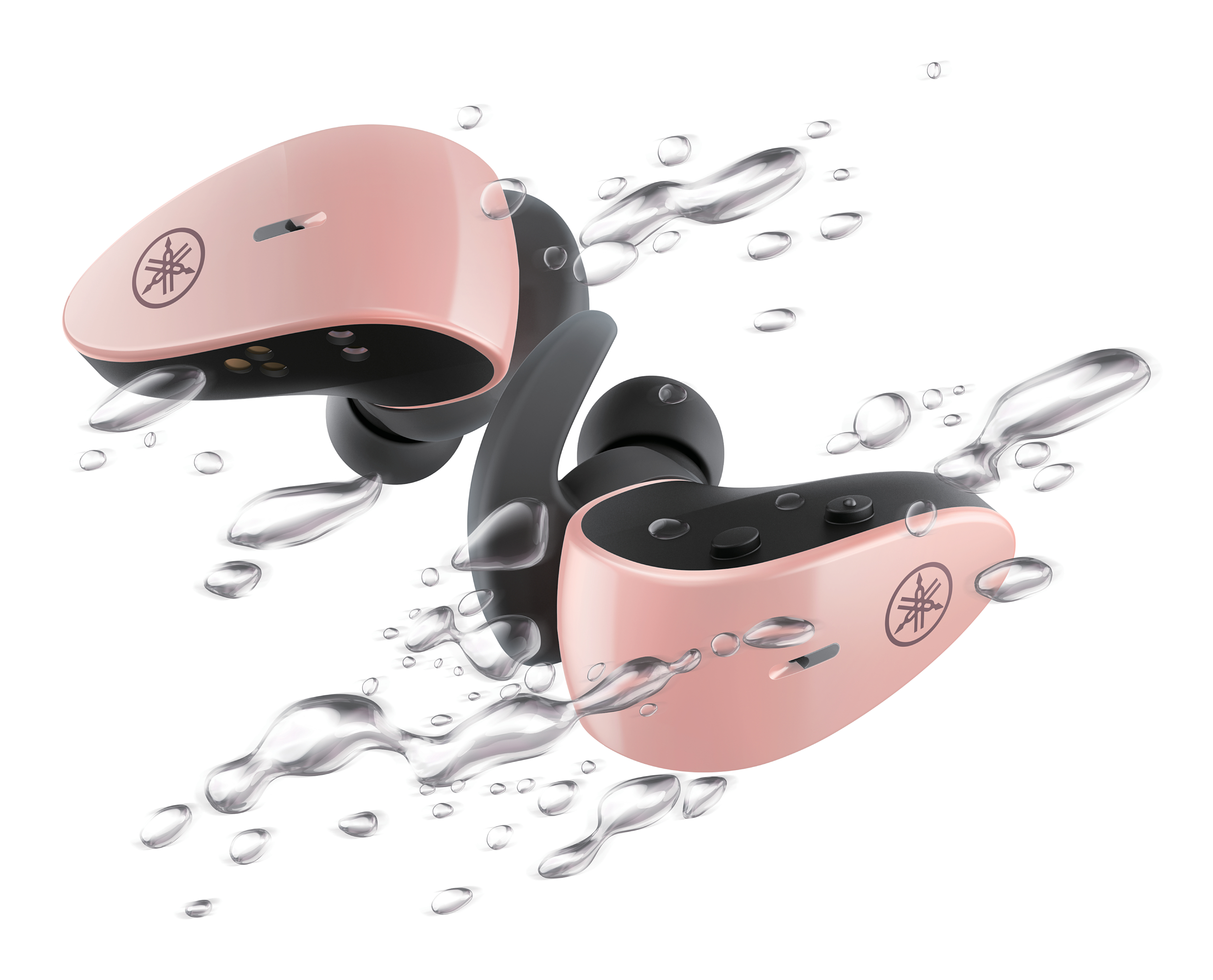 Rosa Yamaha-Ohrhörer mit Wassertropfen, isoliert auf weißem Hintergrund.