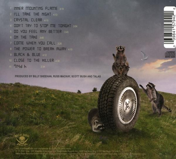 Albumcover mit Waschbären auf einem Reifen, Waschbären auf Gras und blauem Himmel.