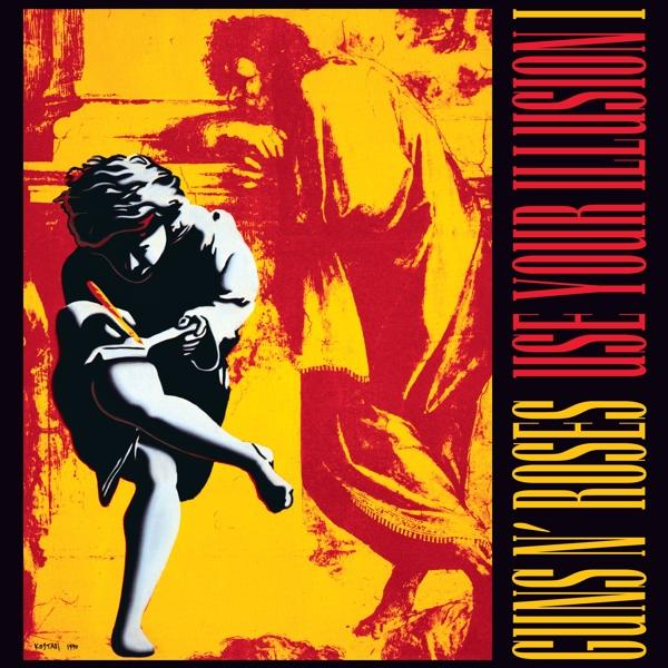 Albumcover von Guns N' Roses. Eine schreibende Frau und eine Figur dahinter auf gelb-rotem Hintergrund.