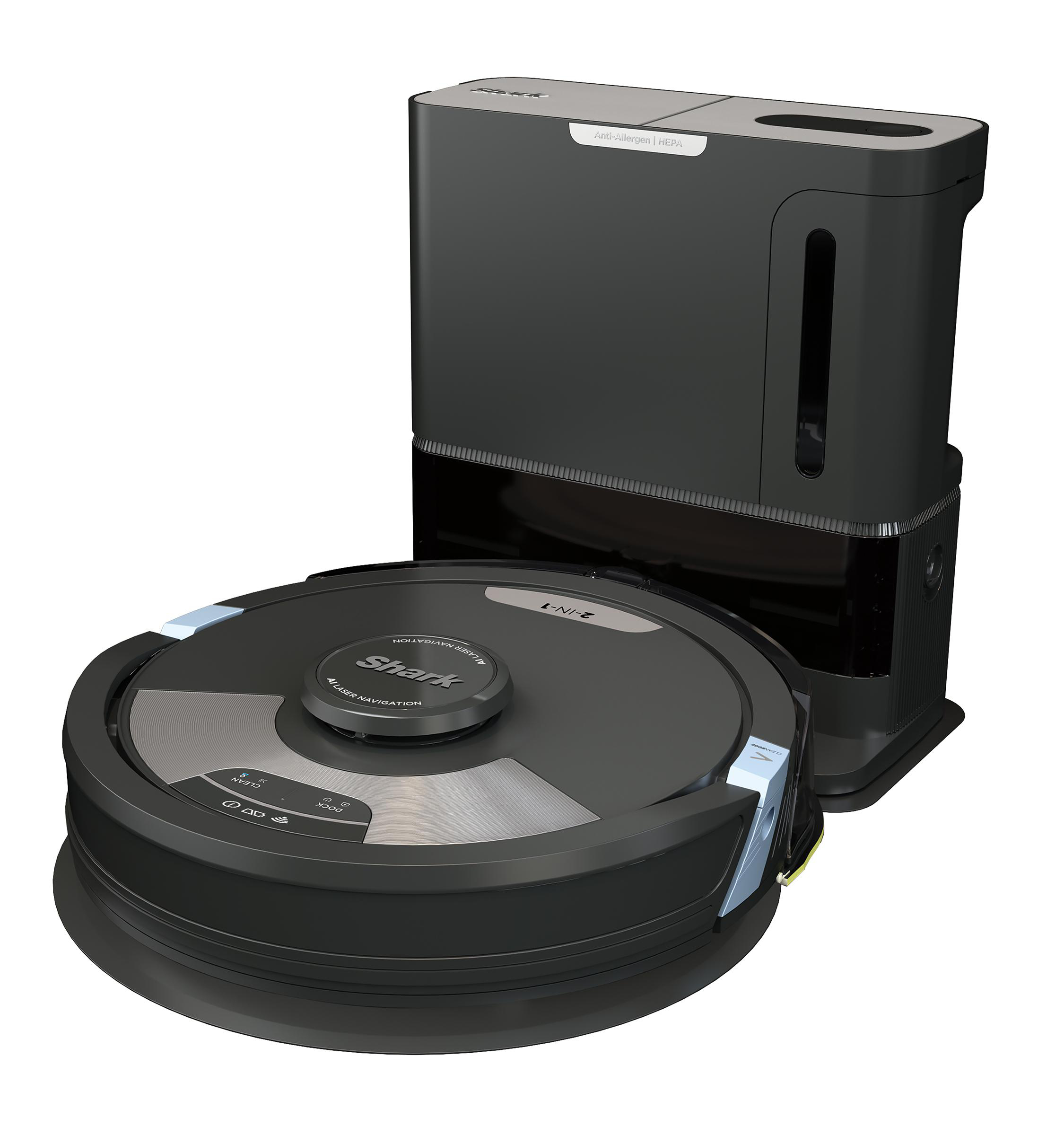 Schwarzer Roboter-Staubsauger mit Ladestation. Runder Körper mit Knöpfen und einem Logo.