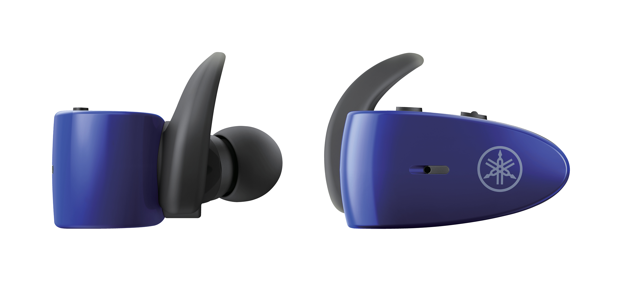 Zwei blaue Yamaha-Wireless-Ohrhörer, einer im Seiten- und der andere im Frontansicht mit Logo.