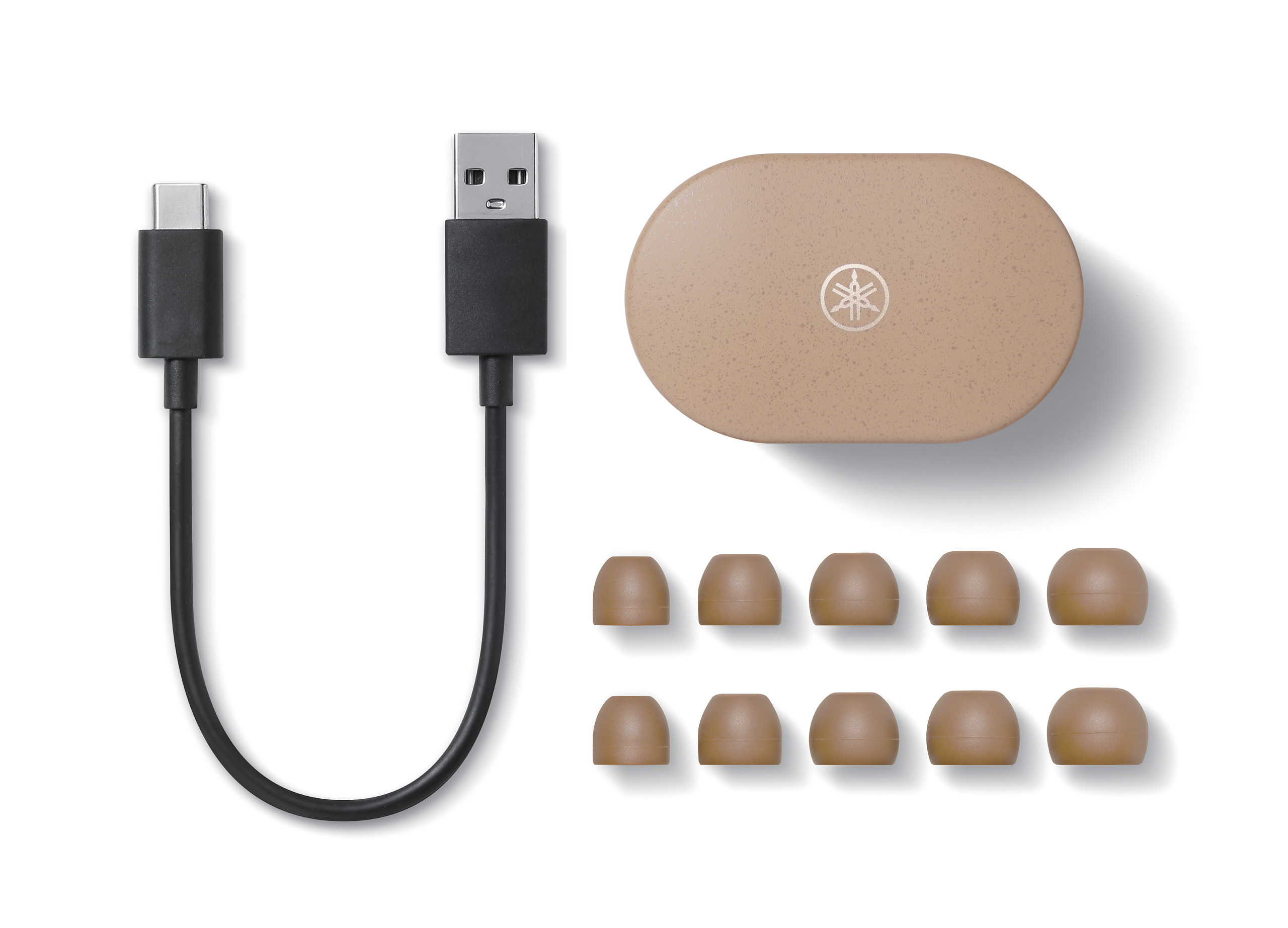 Ein schwarzes USB-C-Kabel und ein schwarzes USB-Kabel. Ein beigefarbenes Etui und mehrere Ohrstöpsel sind ebenfalls vorhanden.