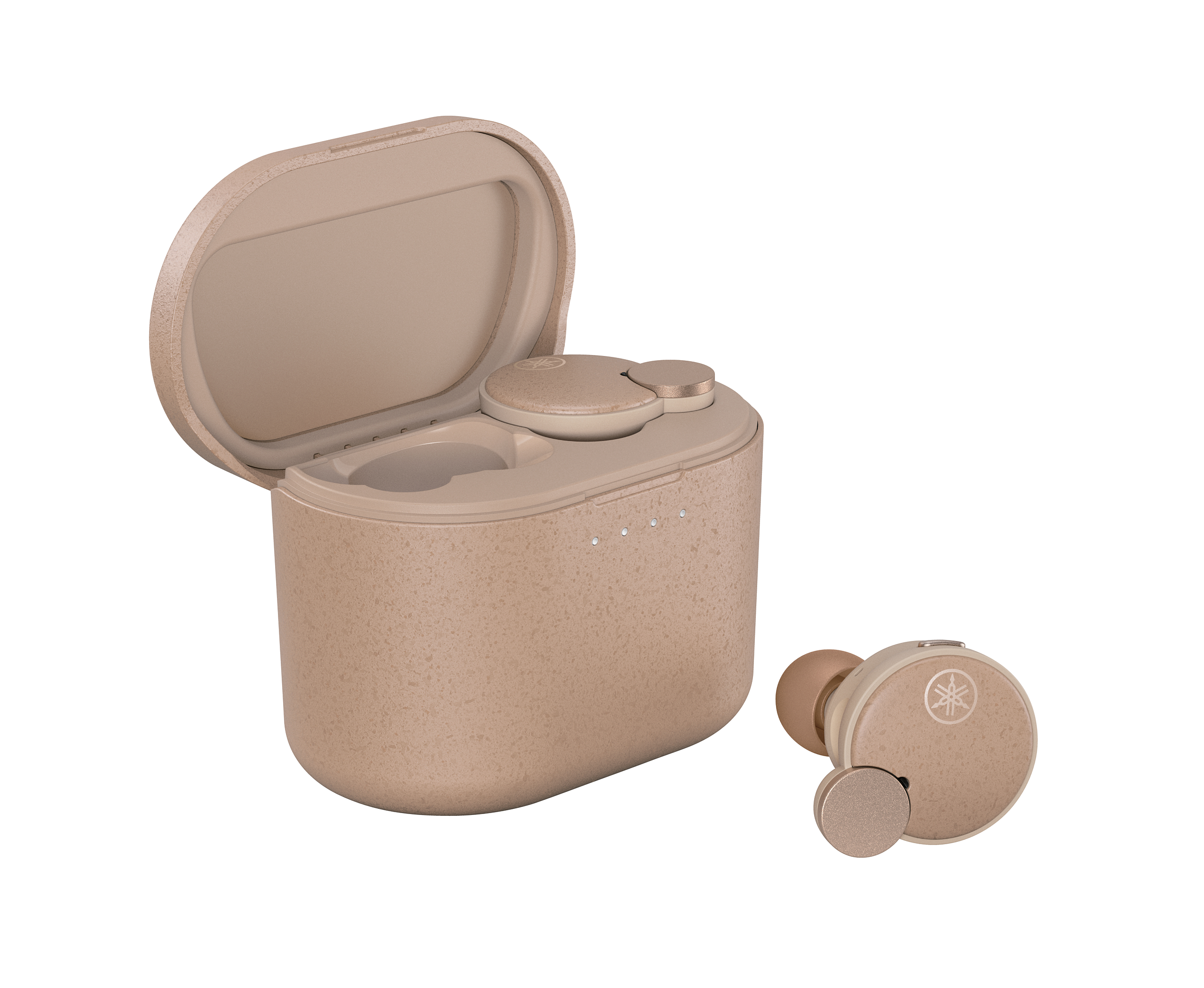 Ohrhörer, beige, mit Ladeetui. Yamaha-Logo. Offenes Etui.