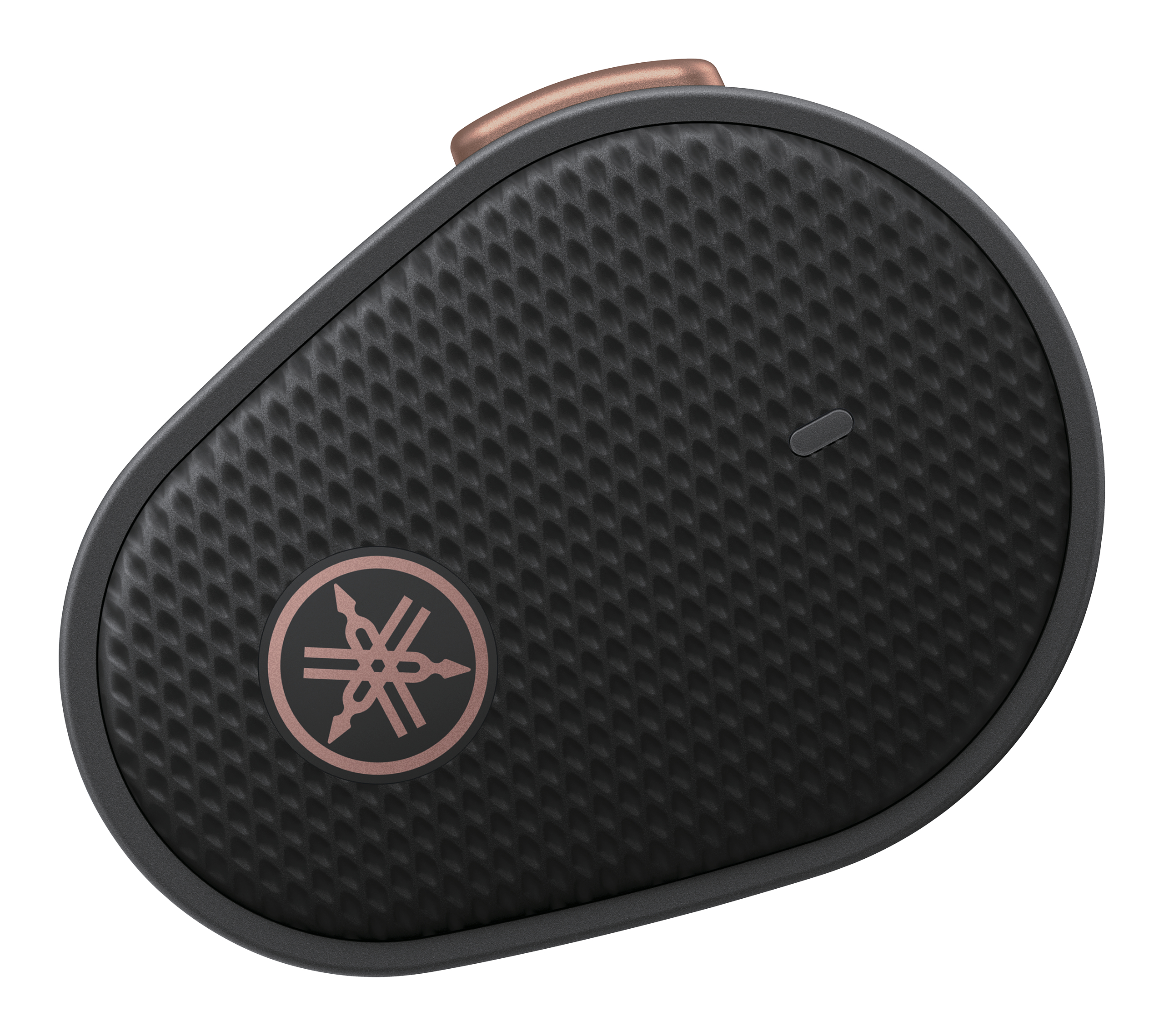 Schwarzes, ovales Yamaha-Kopfhörergehäuse mit bronzefarbenen Akzenten und Logo.