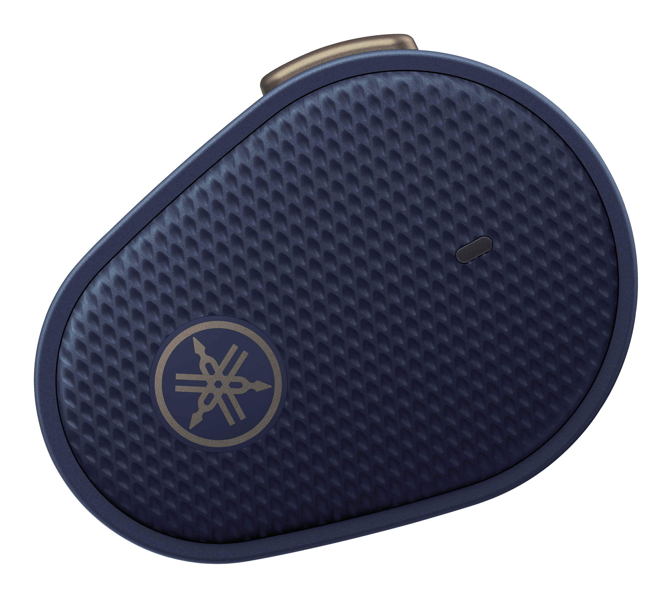 Ein dunkelblaues, strukturiertes Etui mit goldenem Yamaha-Logo, auf weißem Hintergrund.