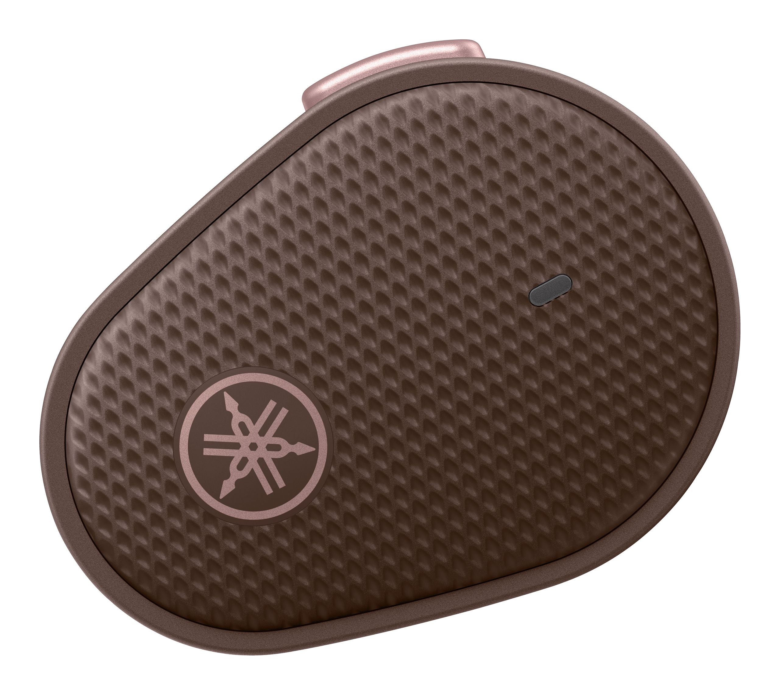 Braunes Yamaha-Ohrhörer-Etui mit roségoldfarbenem Akzent und Logo.