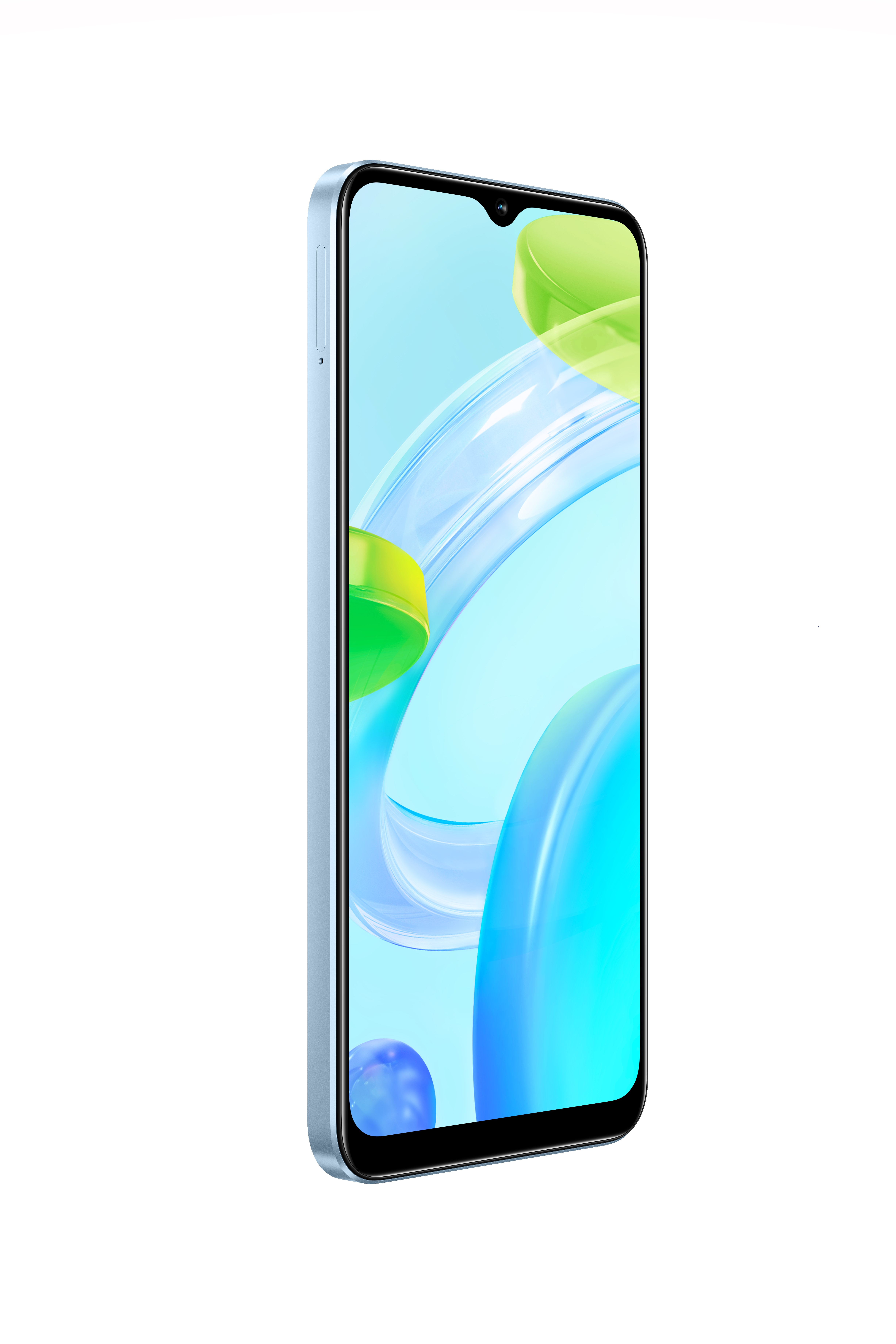 Ein hellblaues Smartphone wird in einem Winkel mit hellem Bildschirm angezeigt.