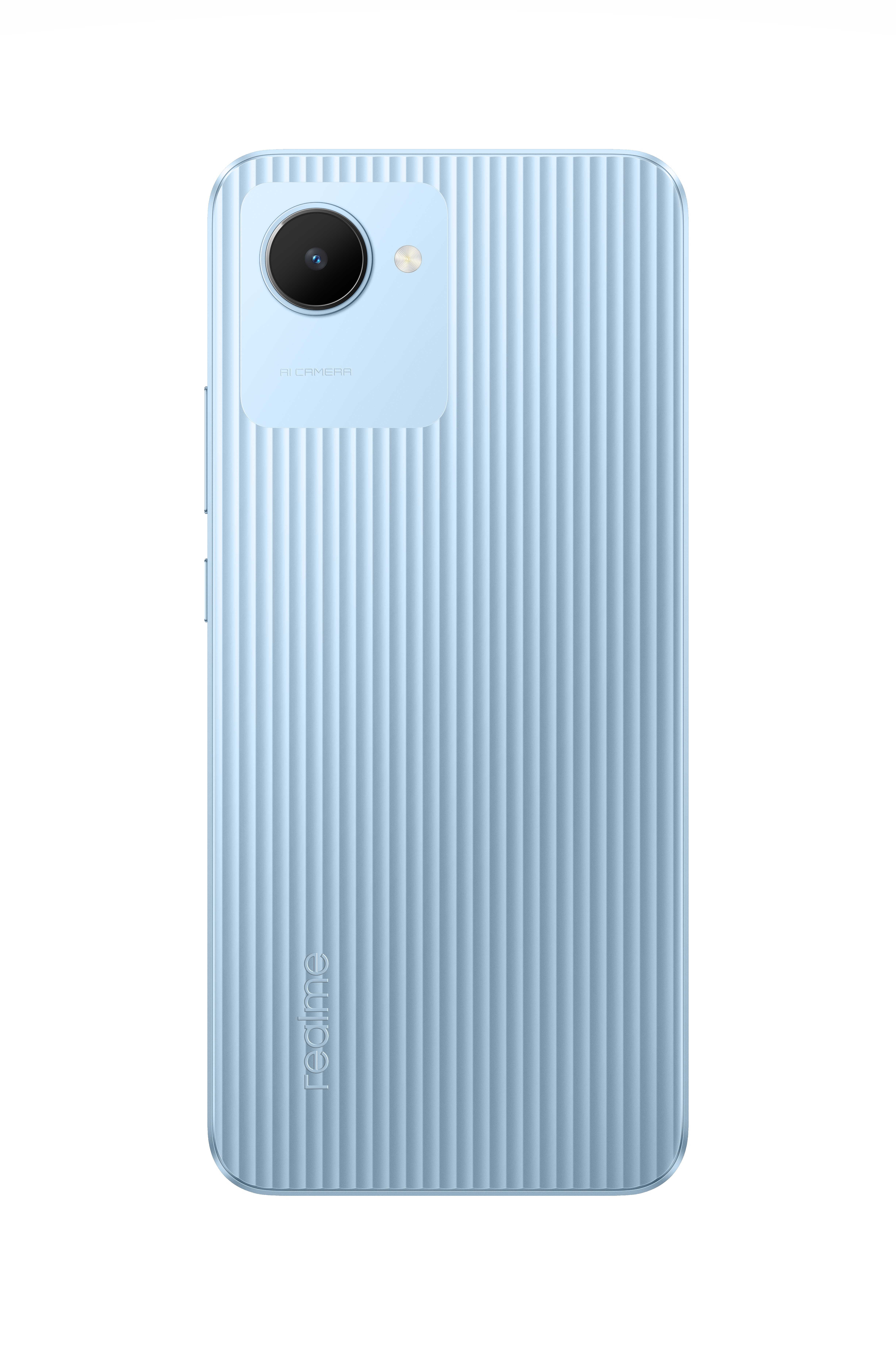 Hellblaues Smartphone-Rückteil, strukturiertes Design, weißer Hintergrund.