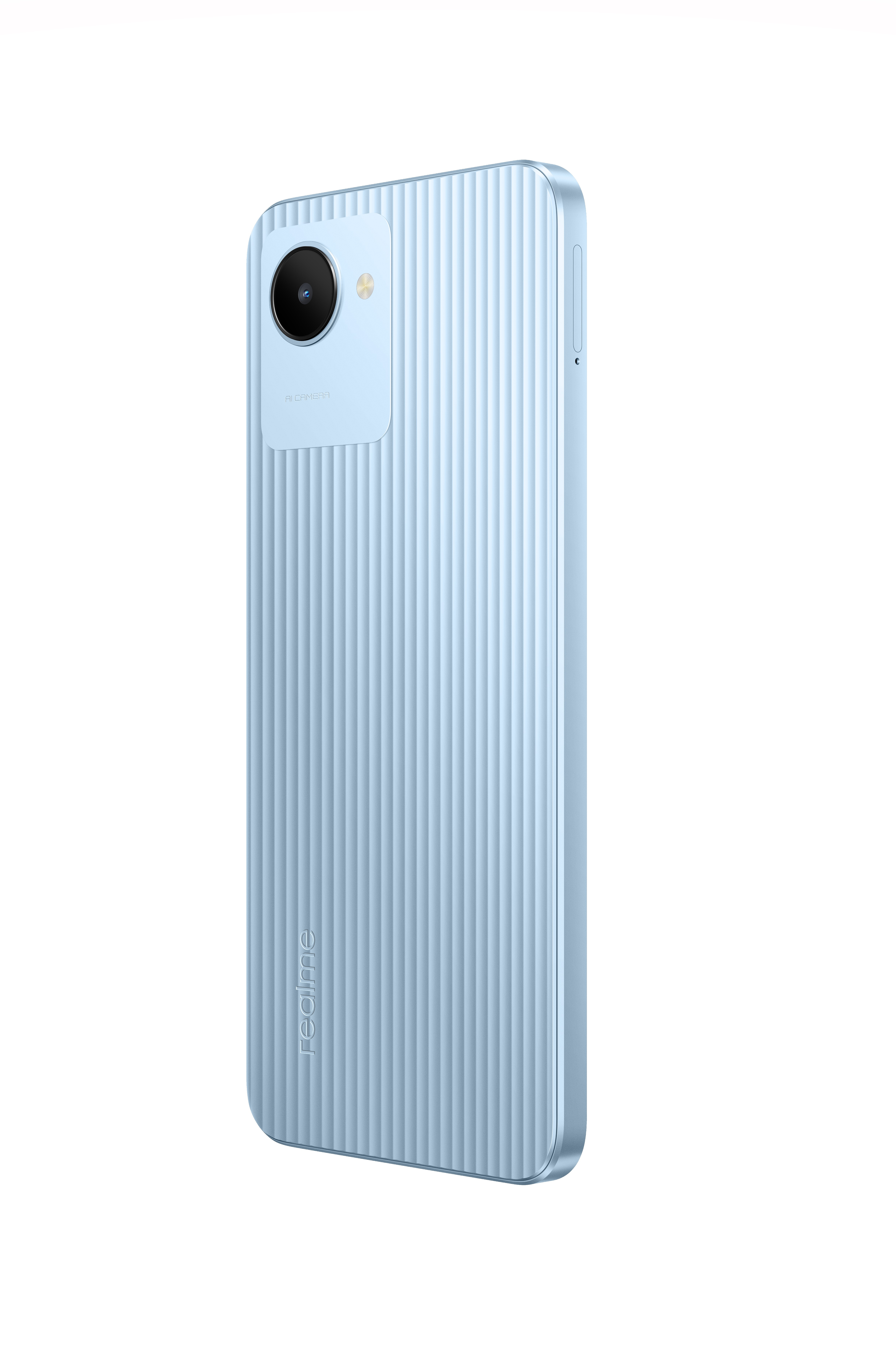Ein hellblaues Smartphone mit Kamera und strukturierter Rückseite.