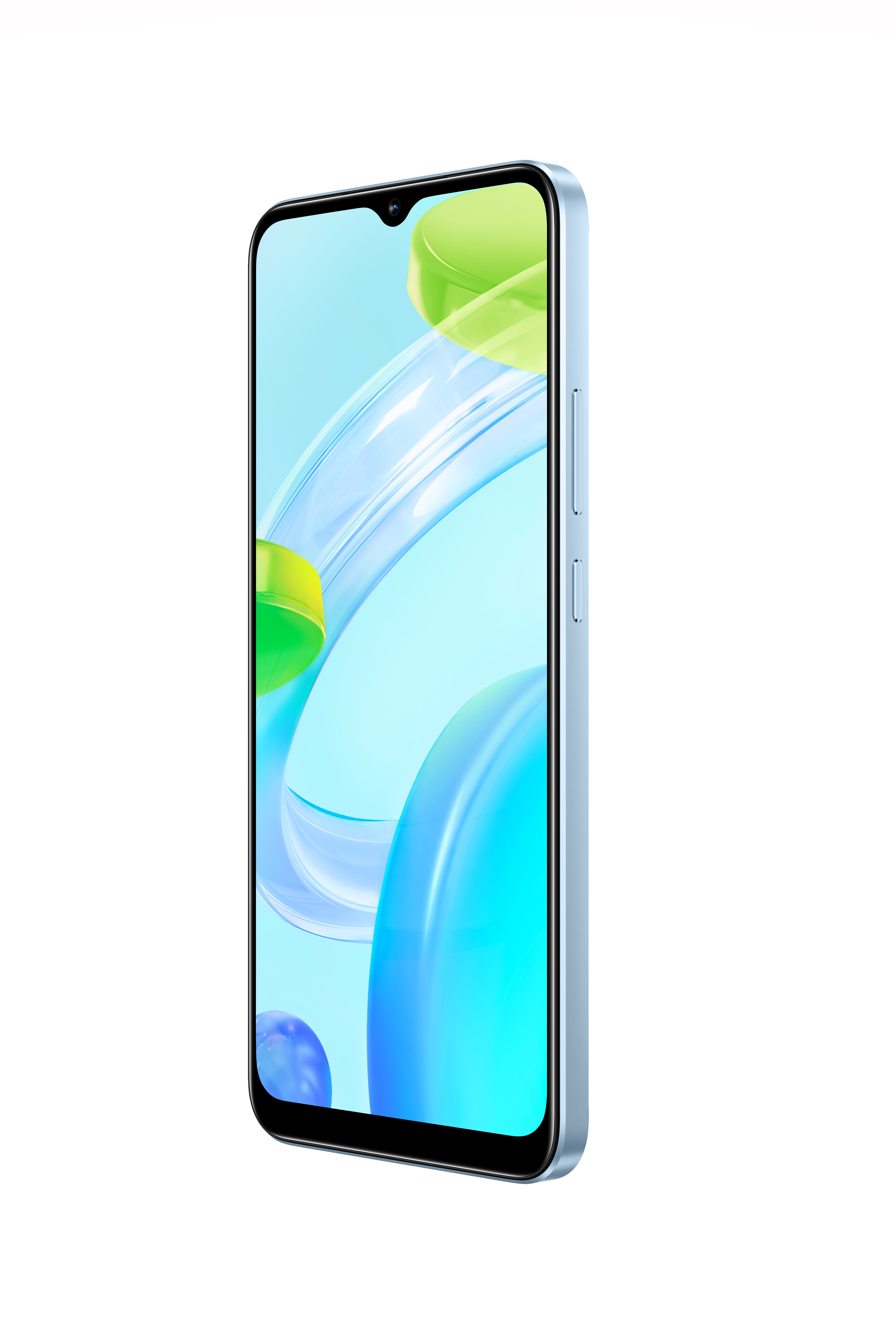 Ein blaues Smartphone, Seitenansicht, zeigt einen Bildschirm mit einem abstrakten Hintergrundbild in Blau und Grün.