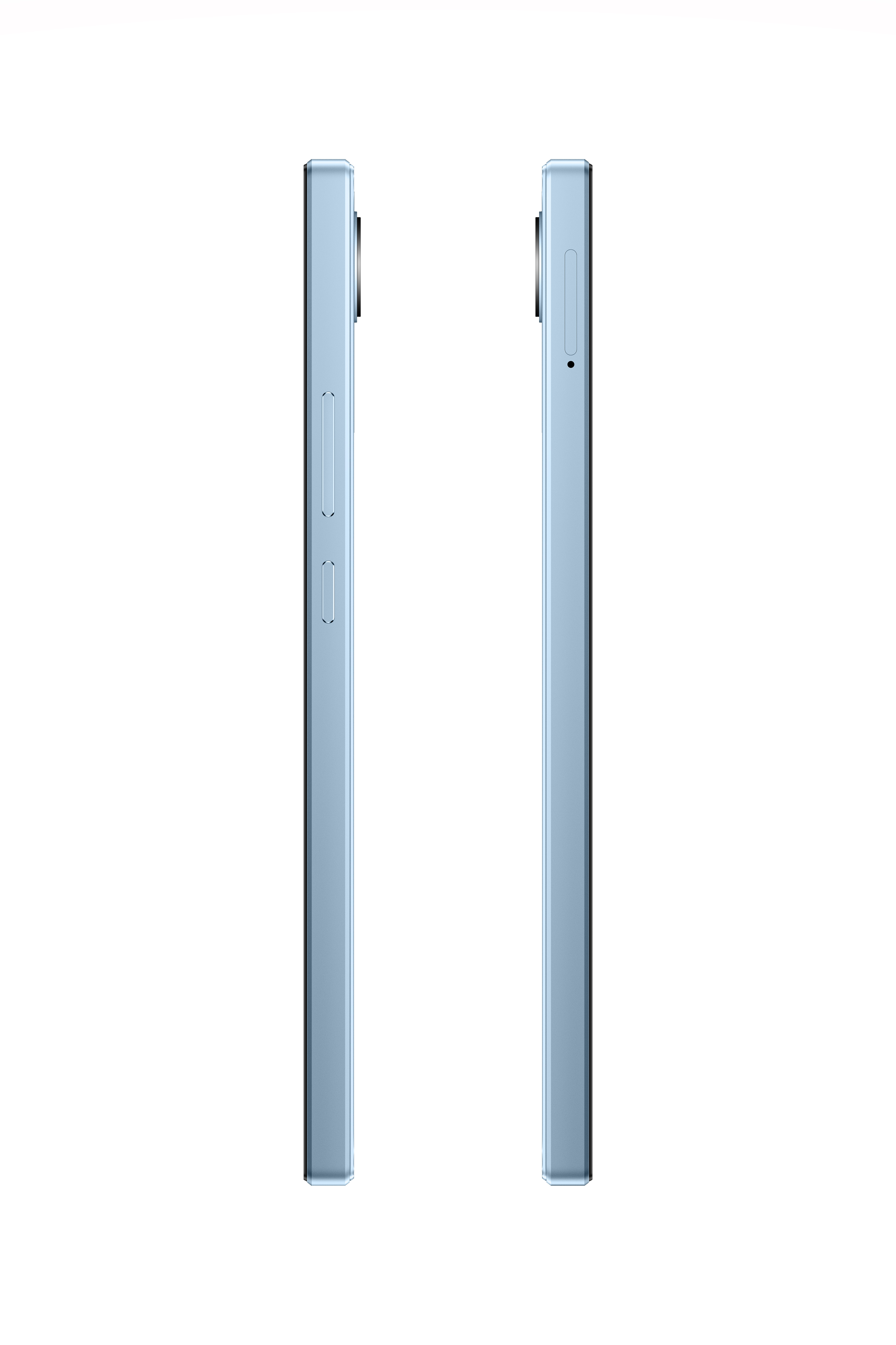 Zwei hellblaue Smartphones von der Seite betrachtet.
