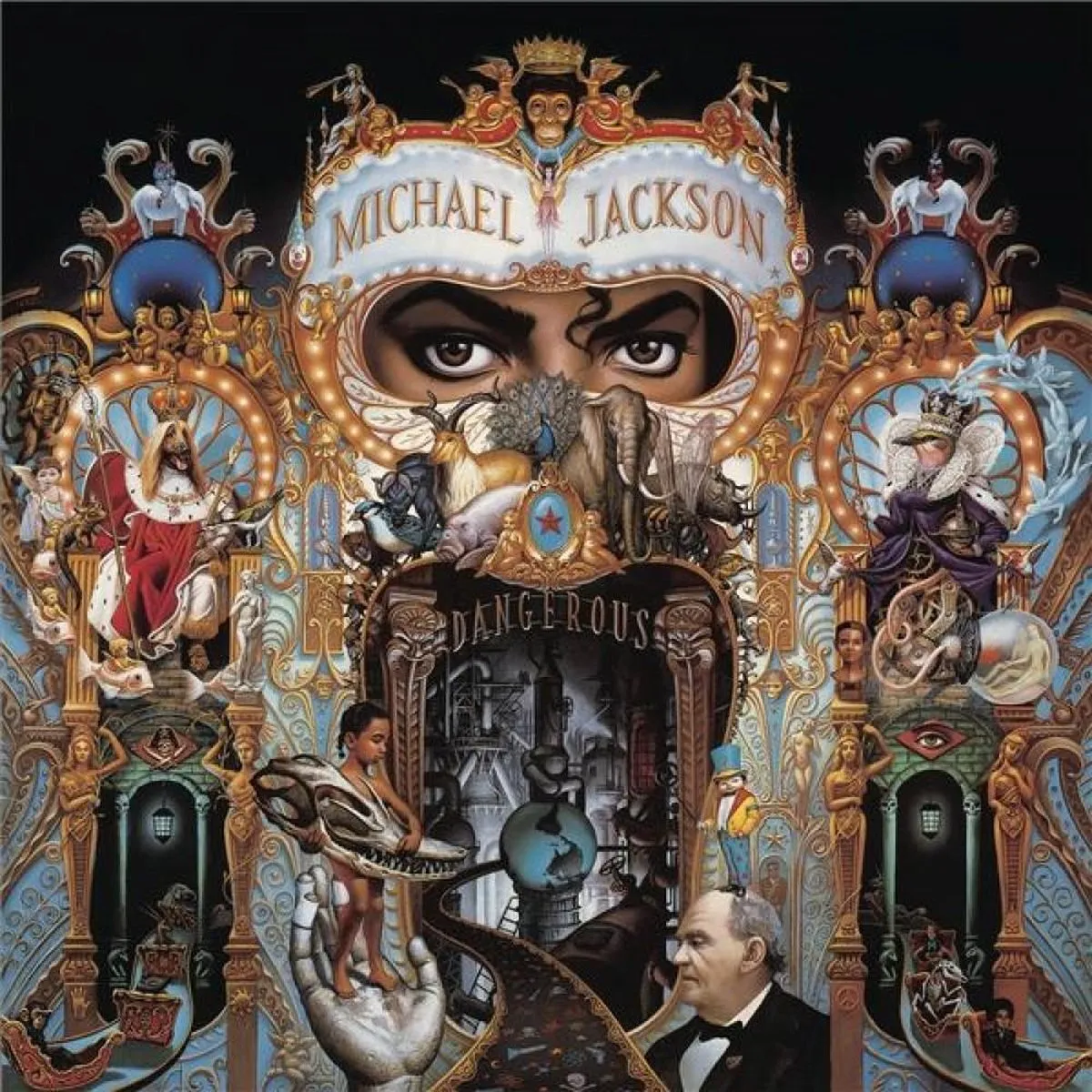 Pochette de l'album de Michael Jackson avec de nombreuses figures et les yeux du chanteur. Le titre est "Dangerous".