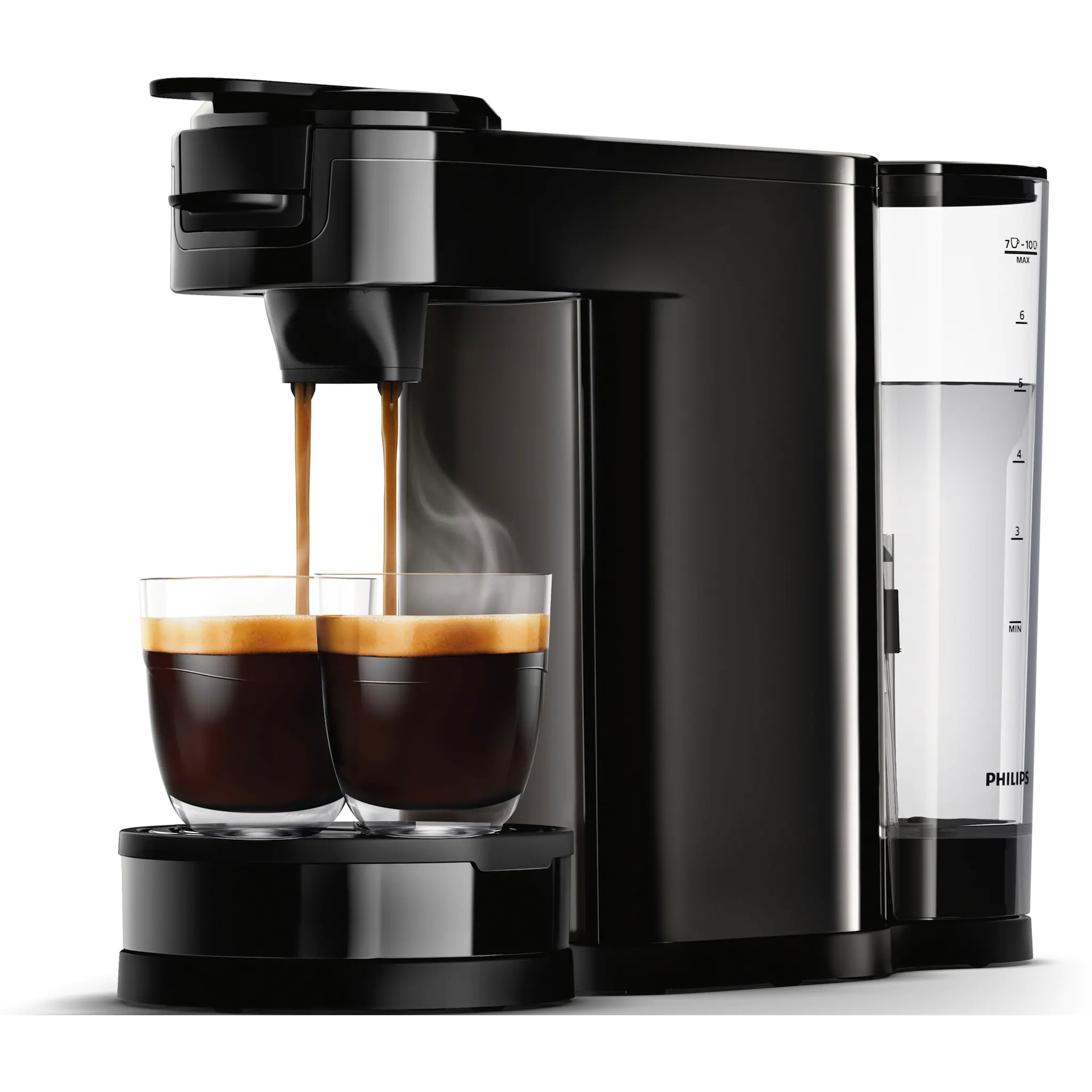 Eine schwarze Philips Kaffeemaschine, aus der Kaffee in zwei Gläser gegossen wird.